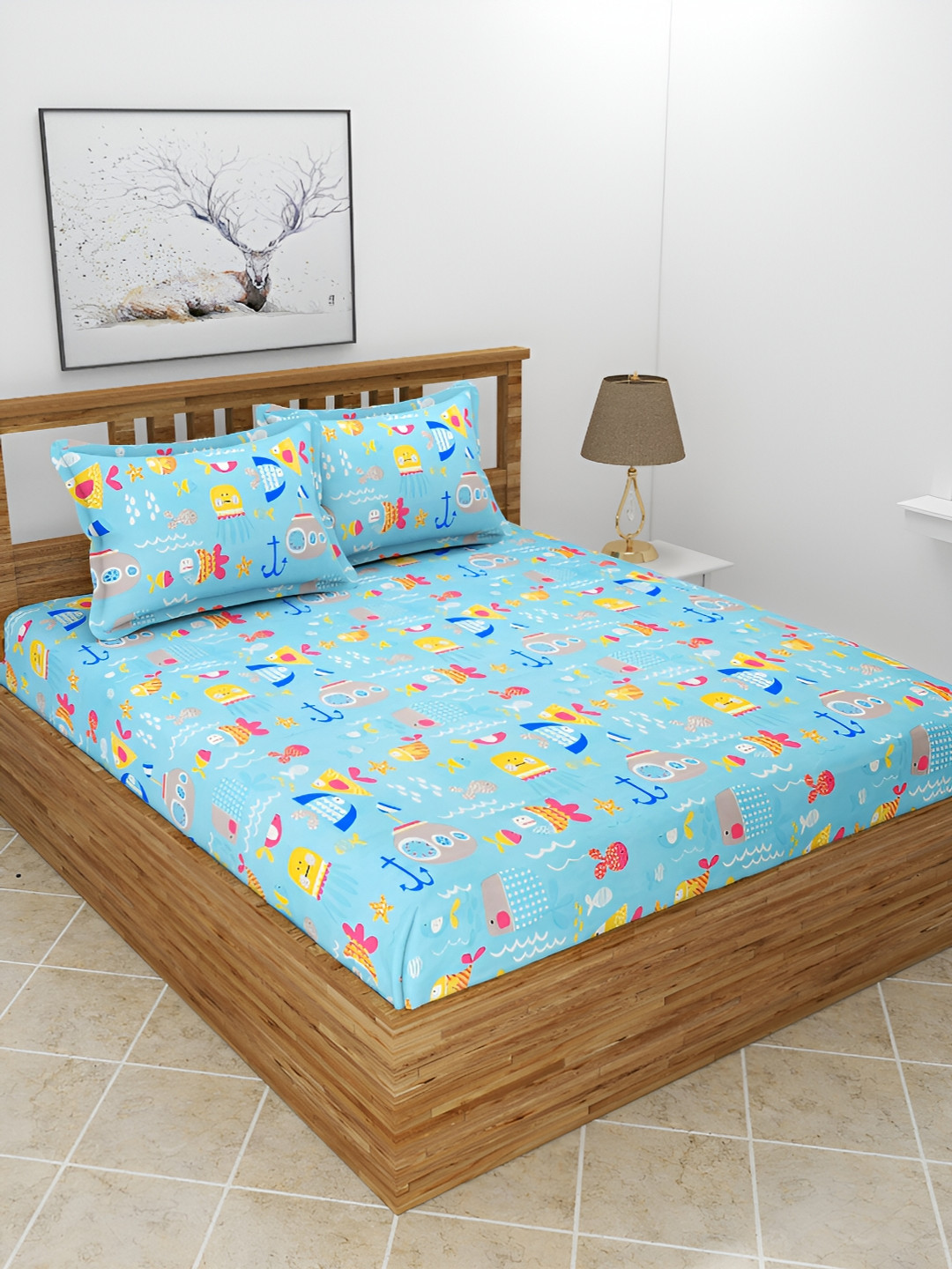 BREVARD Wateranimal Blue Conversational Polycotton 210 TC Queen Fine Bedsheet with 2 Pillow Covers-100 x 89 inches