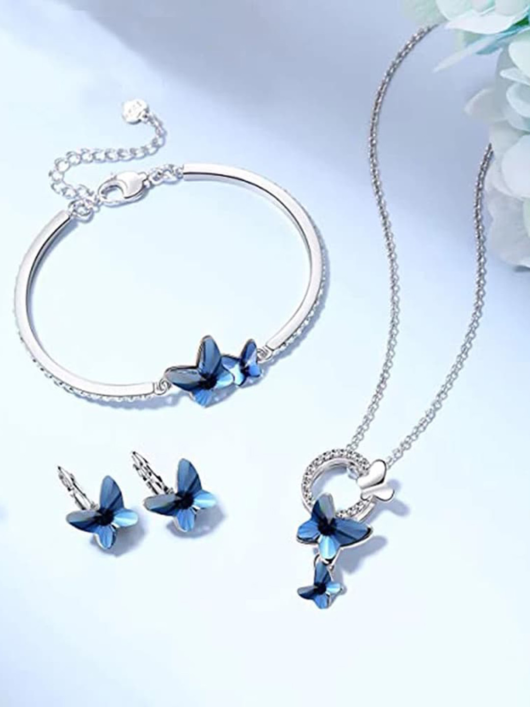 Shining Diva Fashion Silver Plated Crystal-Studded Necklace And Earrings With Bracelet