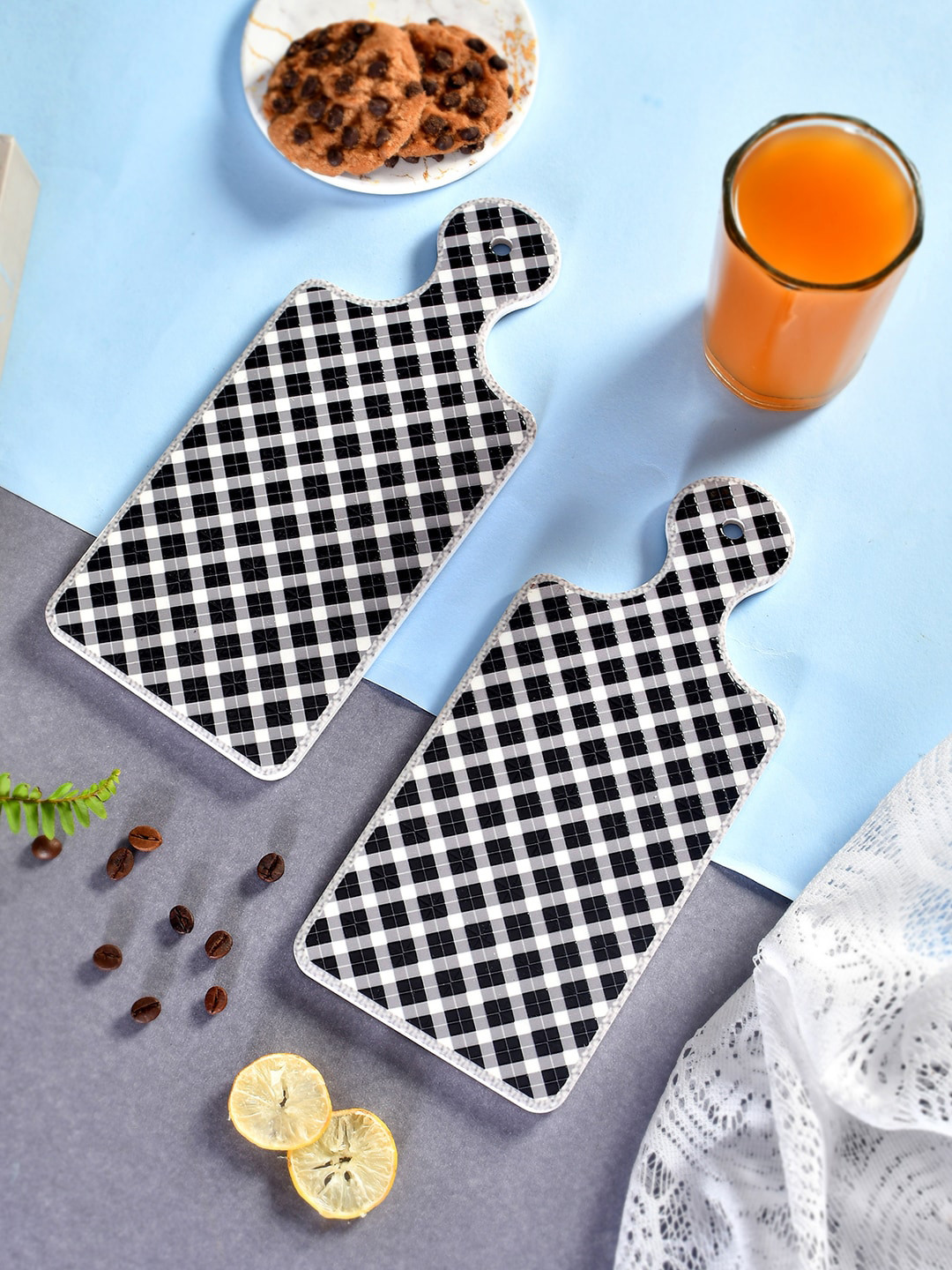 TAYHAA 2Pieces  Black  & White Printed Ceramic Platter With Handle Serve ware