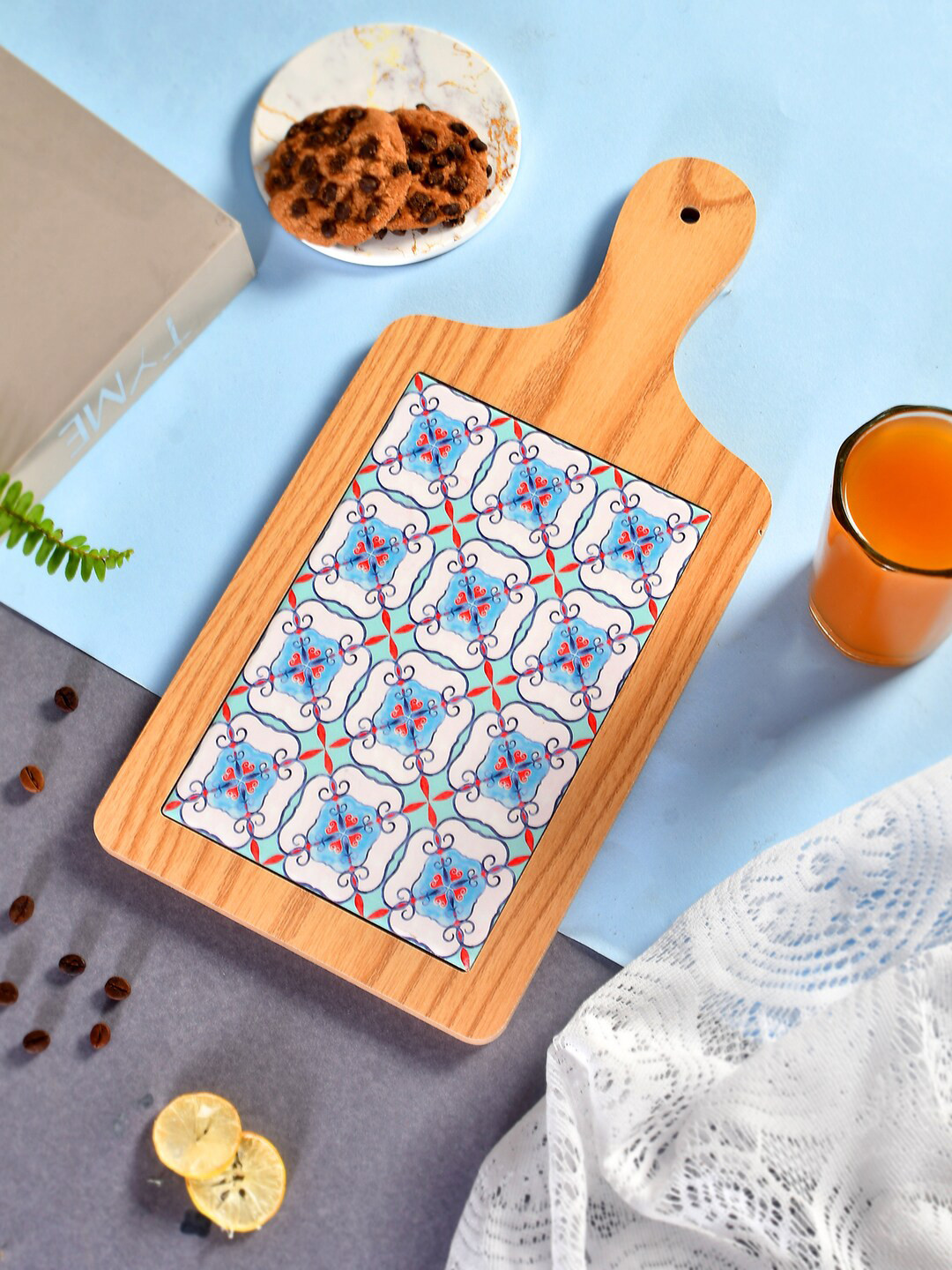 TAYHAA Blue & Brown Printed Ceramic Serving Platter With Wooden Handle Serve ware