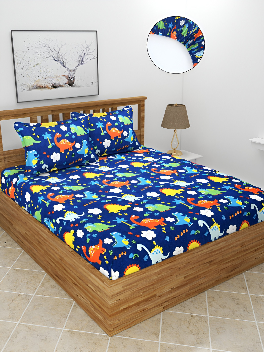 BREVARD Blue Cartoon Characters Polycotton 210 TC Fitted Queen Superfine Bedsheet with 2 Pillow Covers-198 x 182 x 20 cm