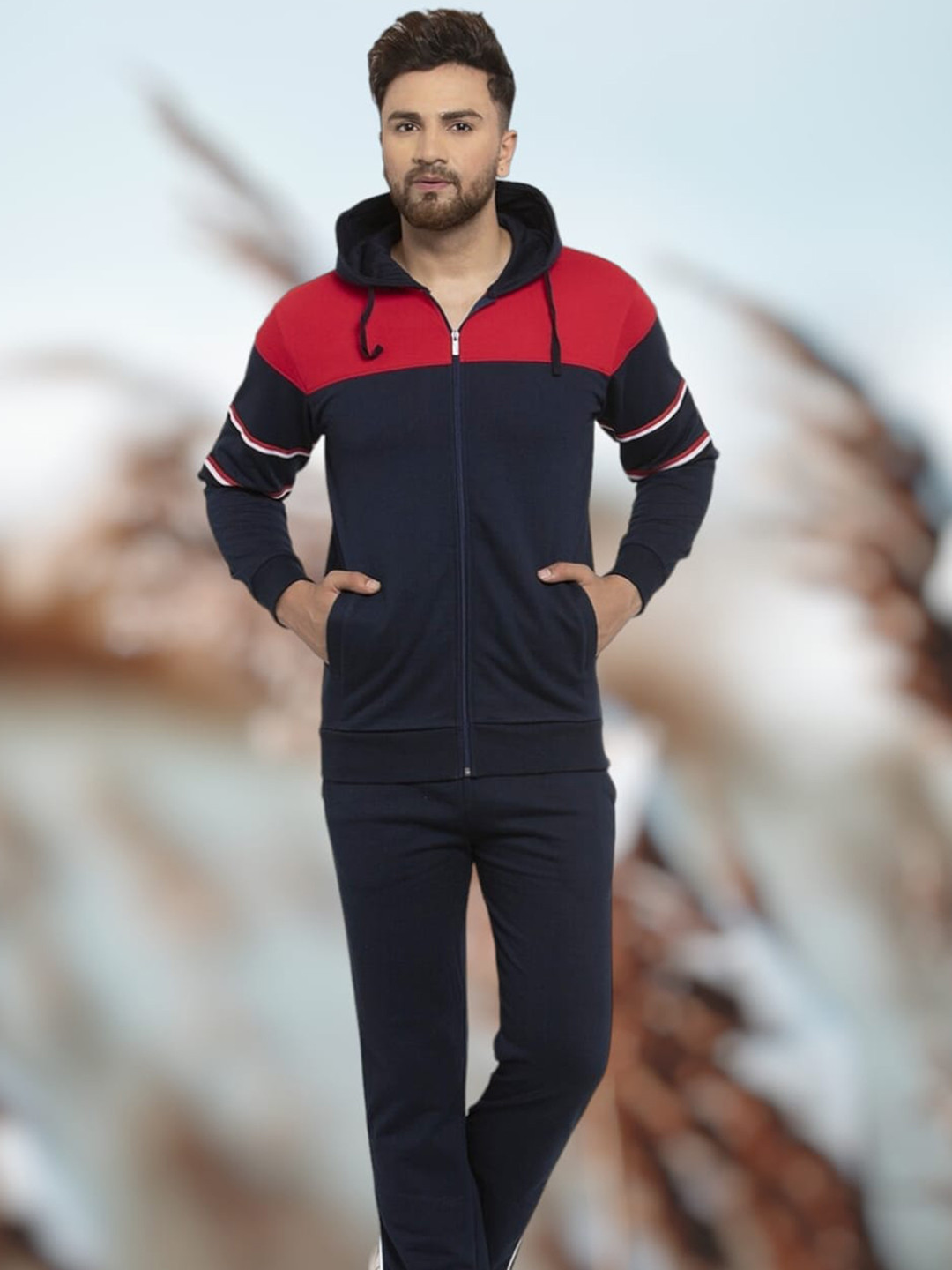 WILD WEST Colourblocked Cotton Fleece Hood Knitted Front Open Sweatshirt With Track Pant