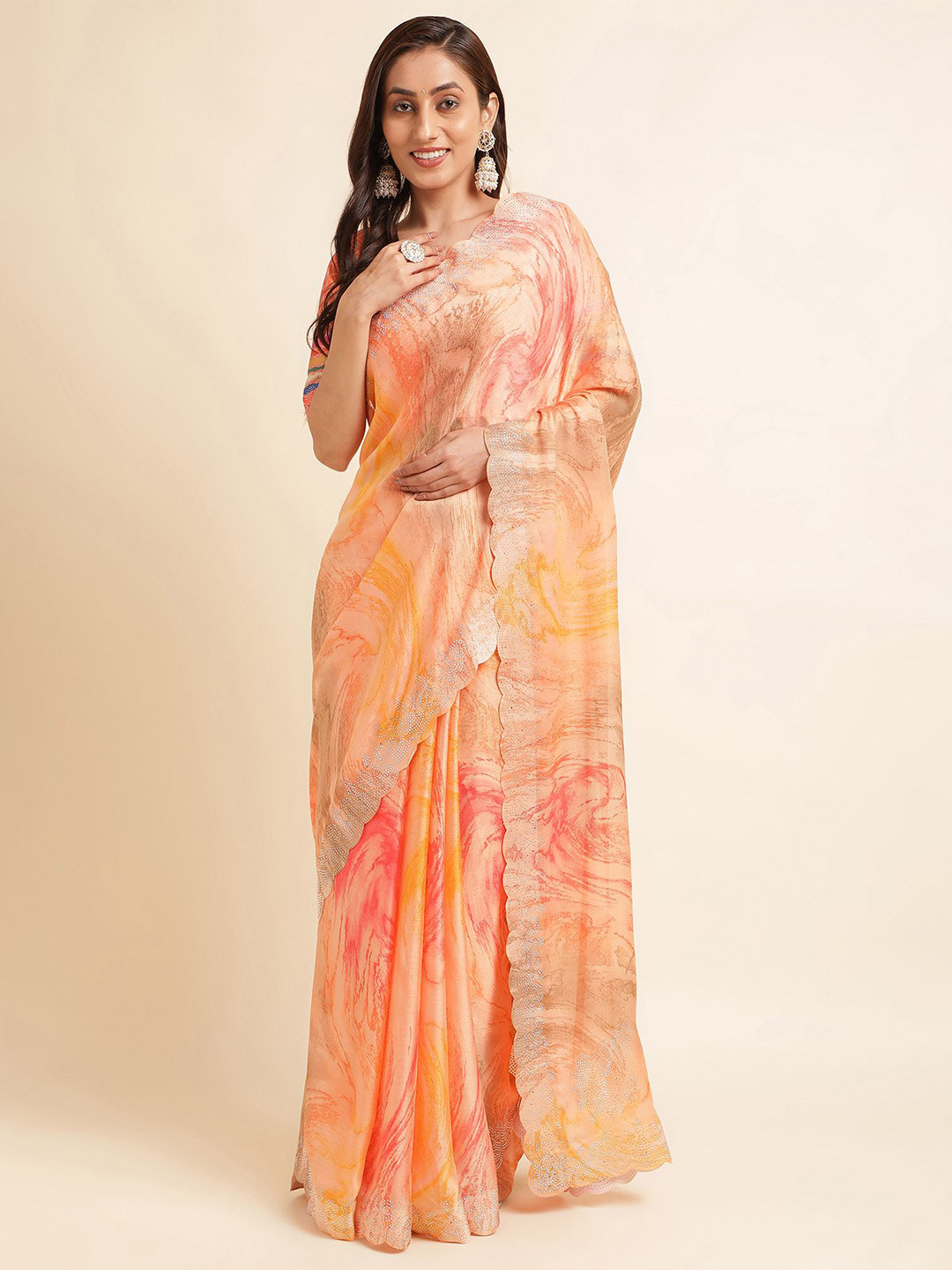 Mitera Orange & God Toned Beads and Stones Pure Chiffon Saree