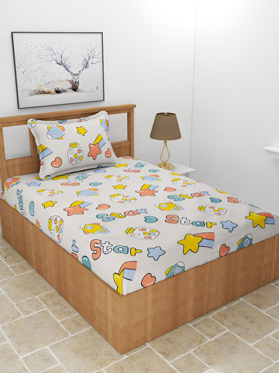 BREVARD Off White Conversational Polycotton 210 TC Single Fine Bedsheet with a Pillow Cover-228 x 152 cm