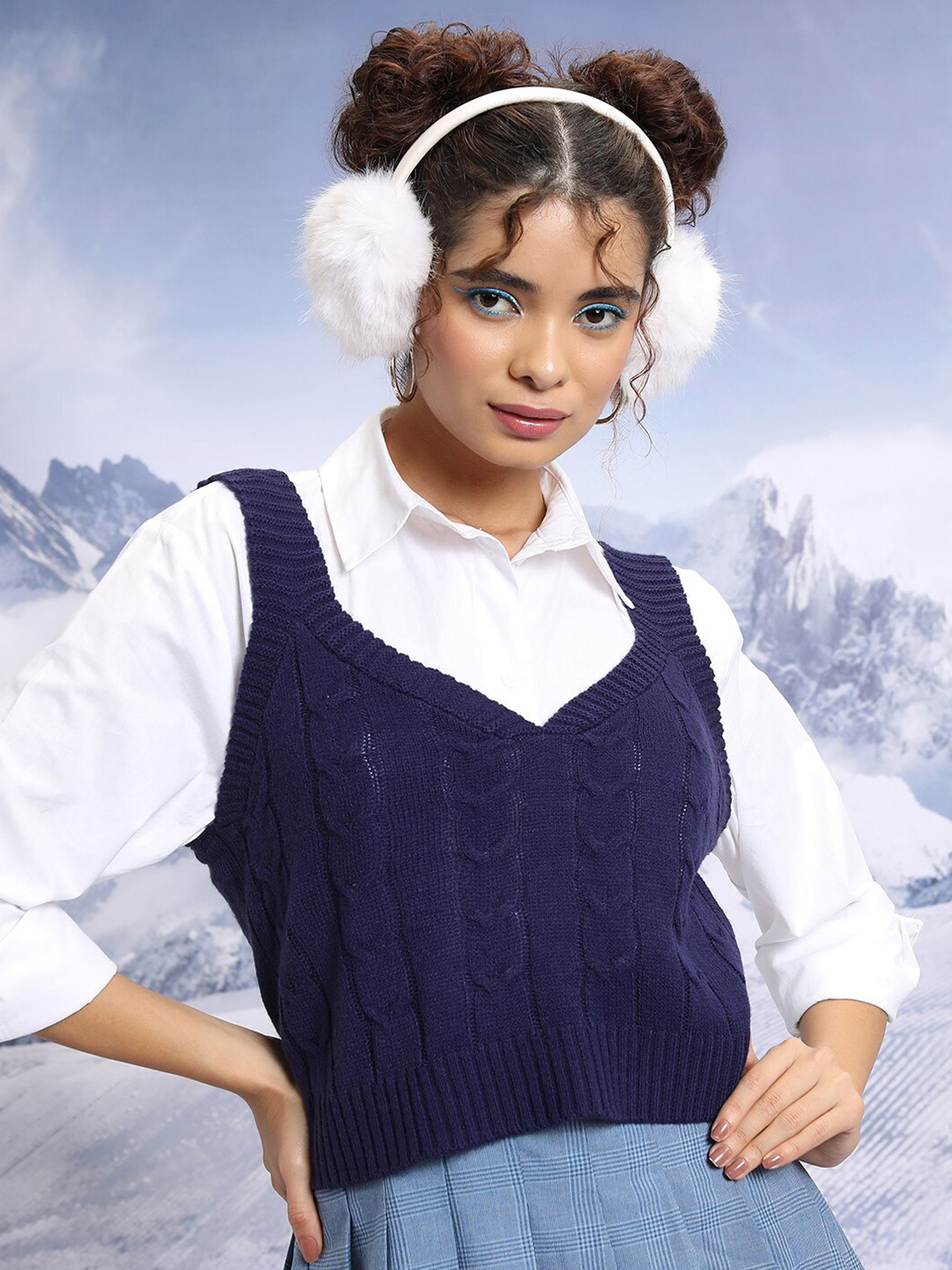 Tokyo Talkies Navy Blue Cable Knit Self Design Acrylic Crop Pullover Sweater