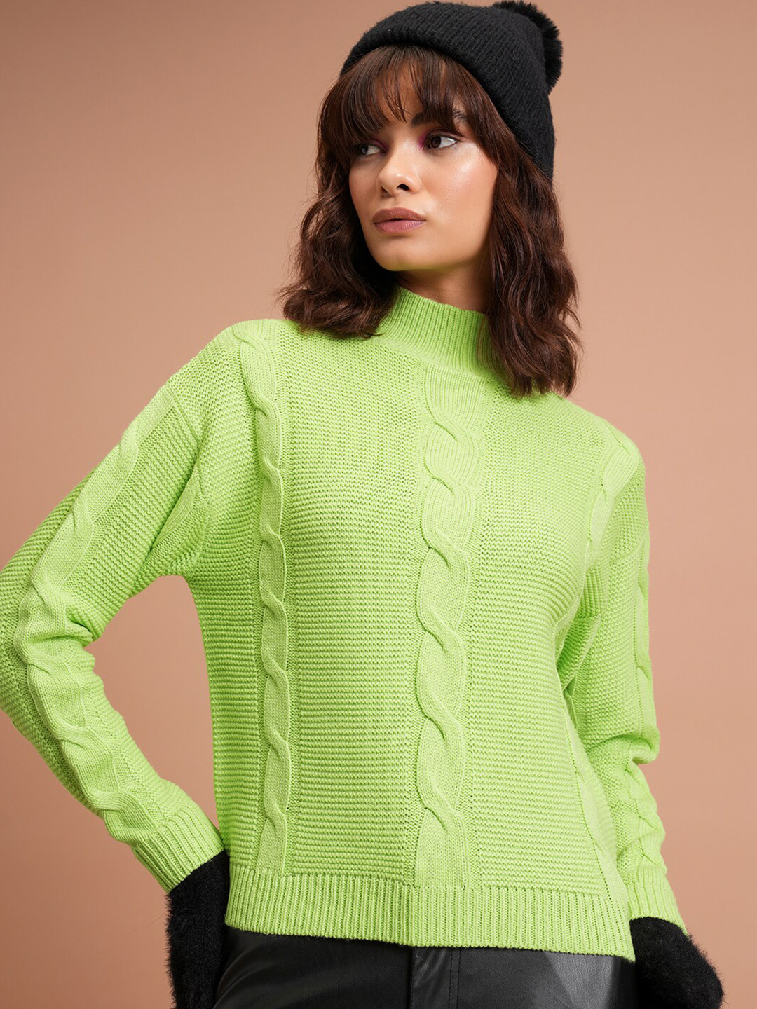 Tokyo Talkies Green Self Desgin Cable Knit Acrylic Pullover