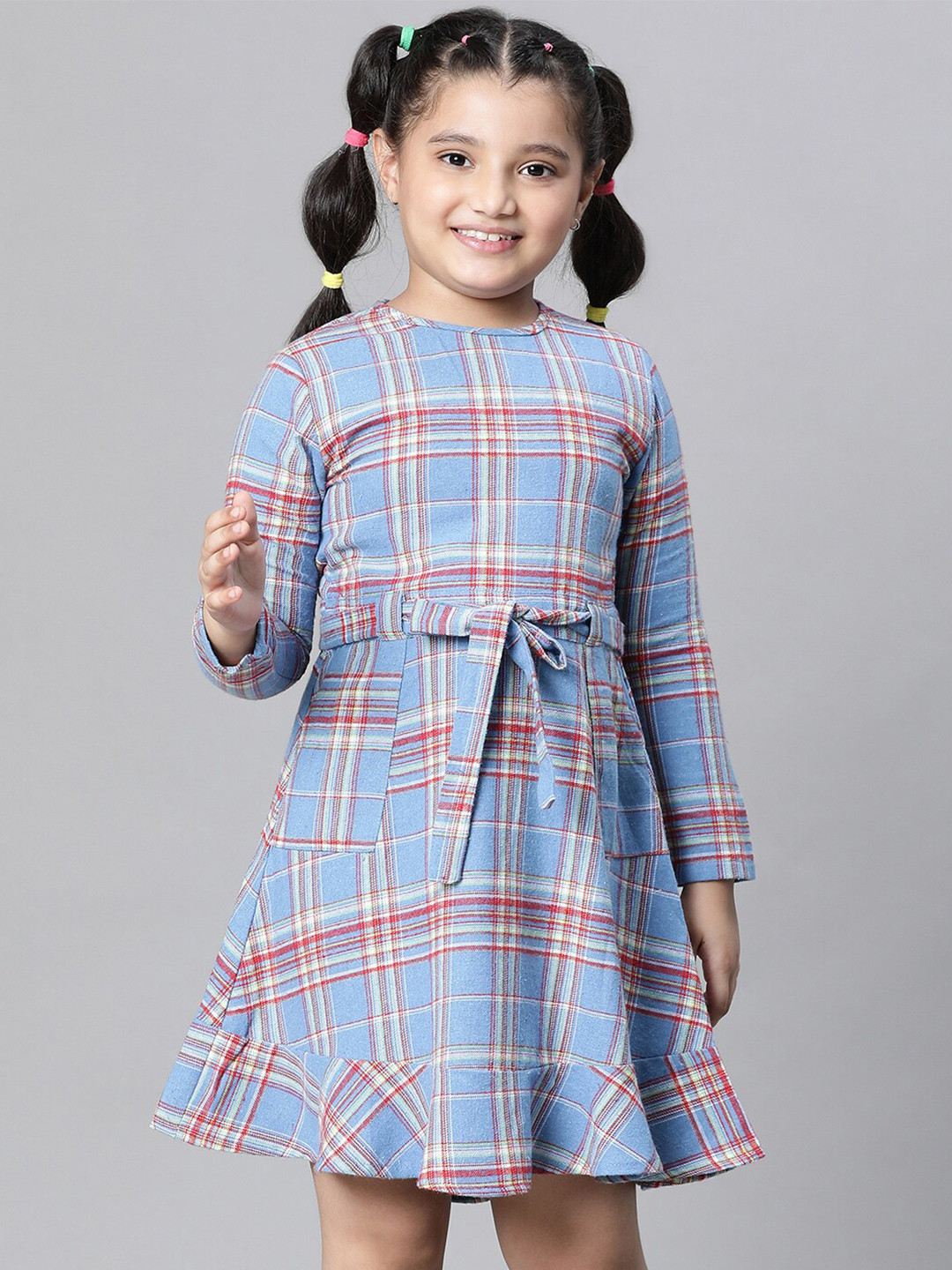 Oxolloxo Girls Checked Organic Cotton A-Line Dress Tie- Ups