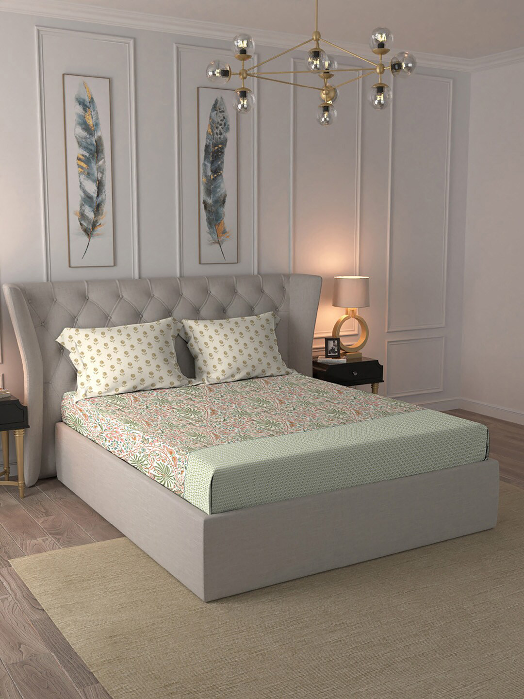 MYTRIDENT Beige & Green Cotton Double King Bedsheet With Comforter & 2 Pillow Covers