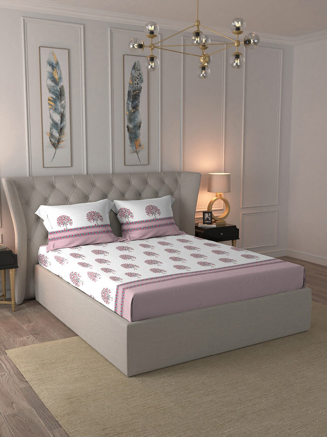 MYTRIDENT White & Pink Cotton Double King Bedsheet With Comforter & 2 Pillow Covers