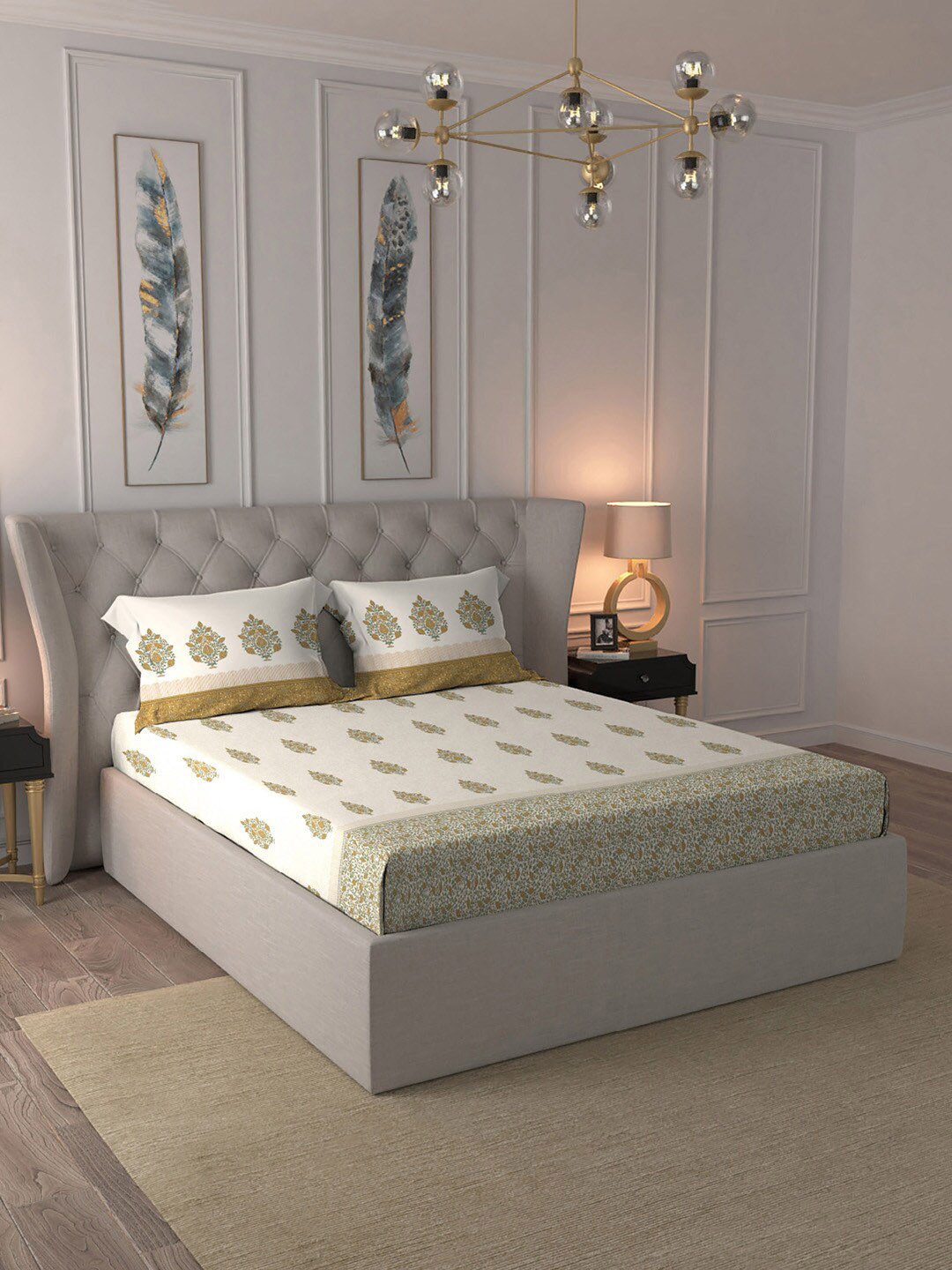MYTRIDENT Mustard Yellow Ethnic Motifs Printed Regular Cotton Double King Bedding Set