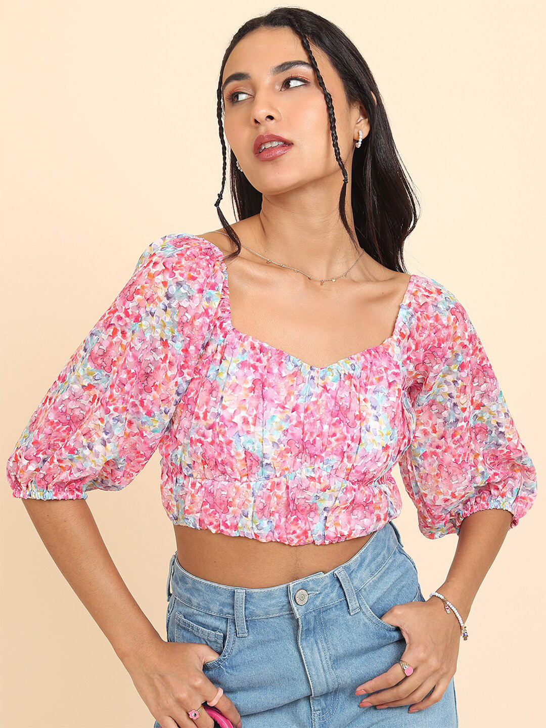 Tokyo Talkies Blue Floral Printed Puff Sleeve Smocked Blouson Crop Top