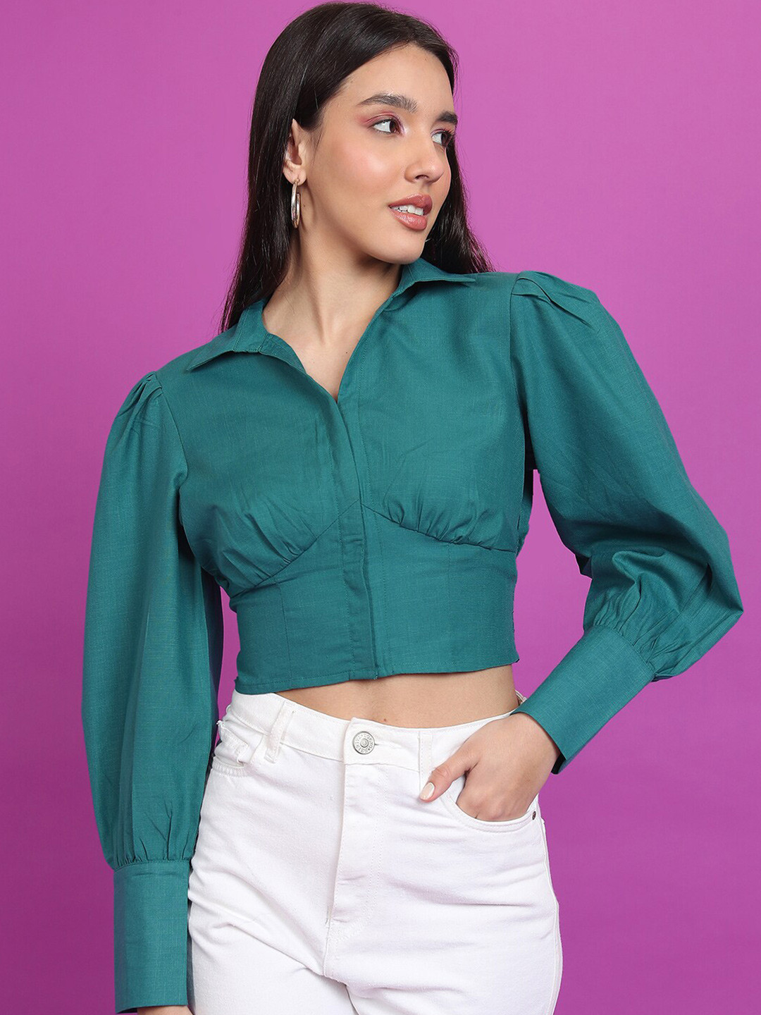Tokyo Talkies Teal Green Cuffed Sleeves Shirt Style Crop Top