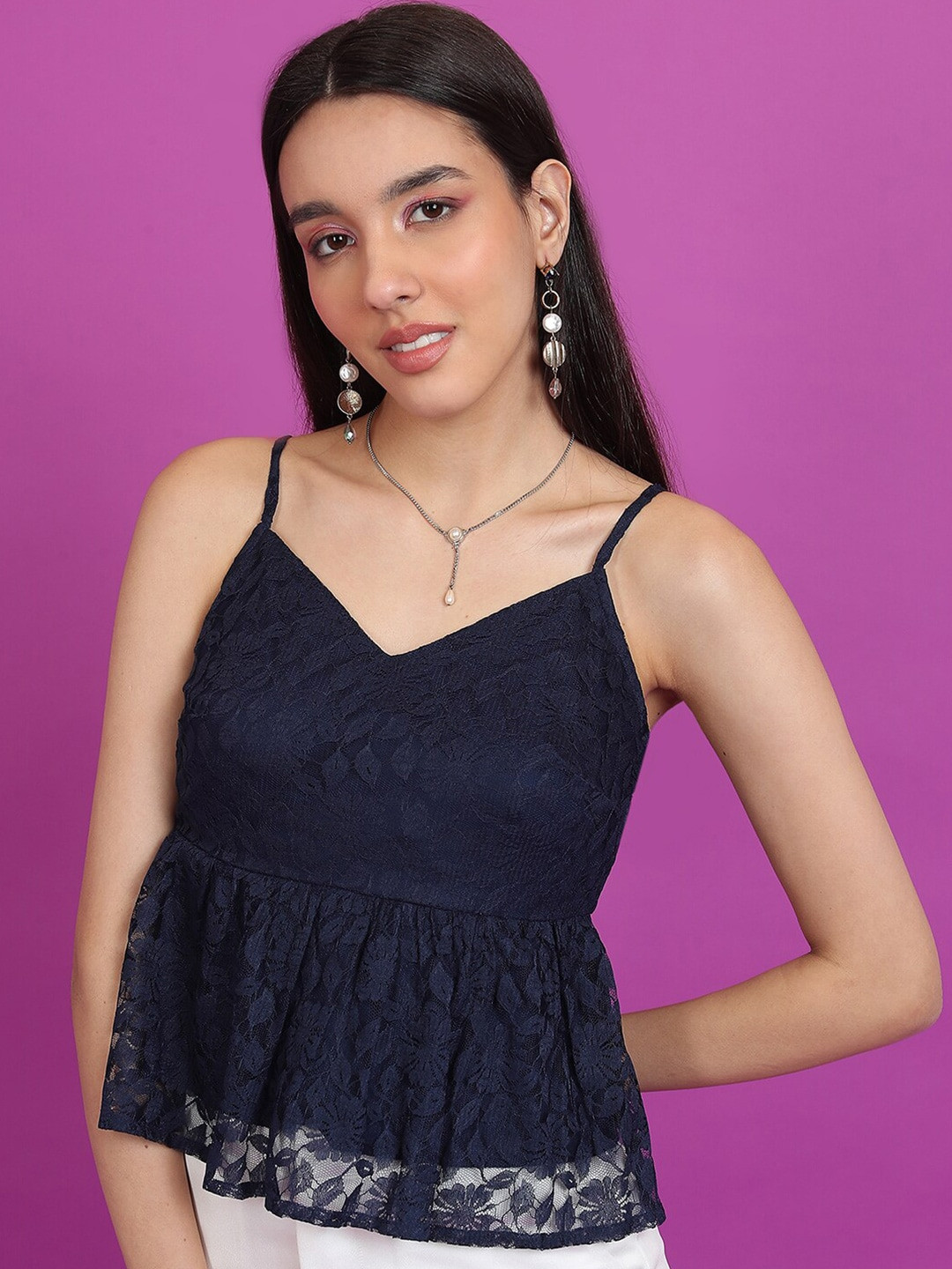 Tokyo Talkies Navy Blue Self Design Shoulder Straps Lace Peplum Top