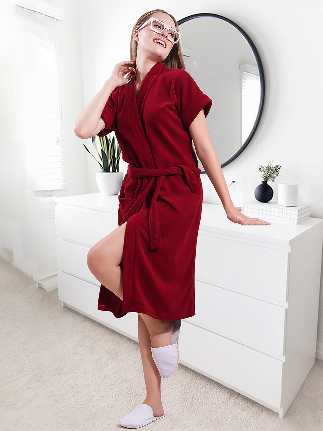 HotGown Stylish Maroon Solid Terrycloth Drawstring Knee Length Bath Robe-S