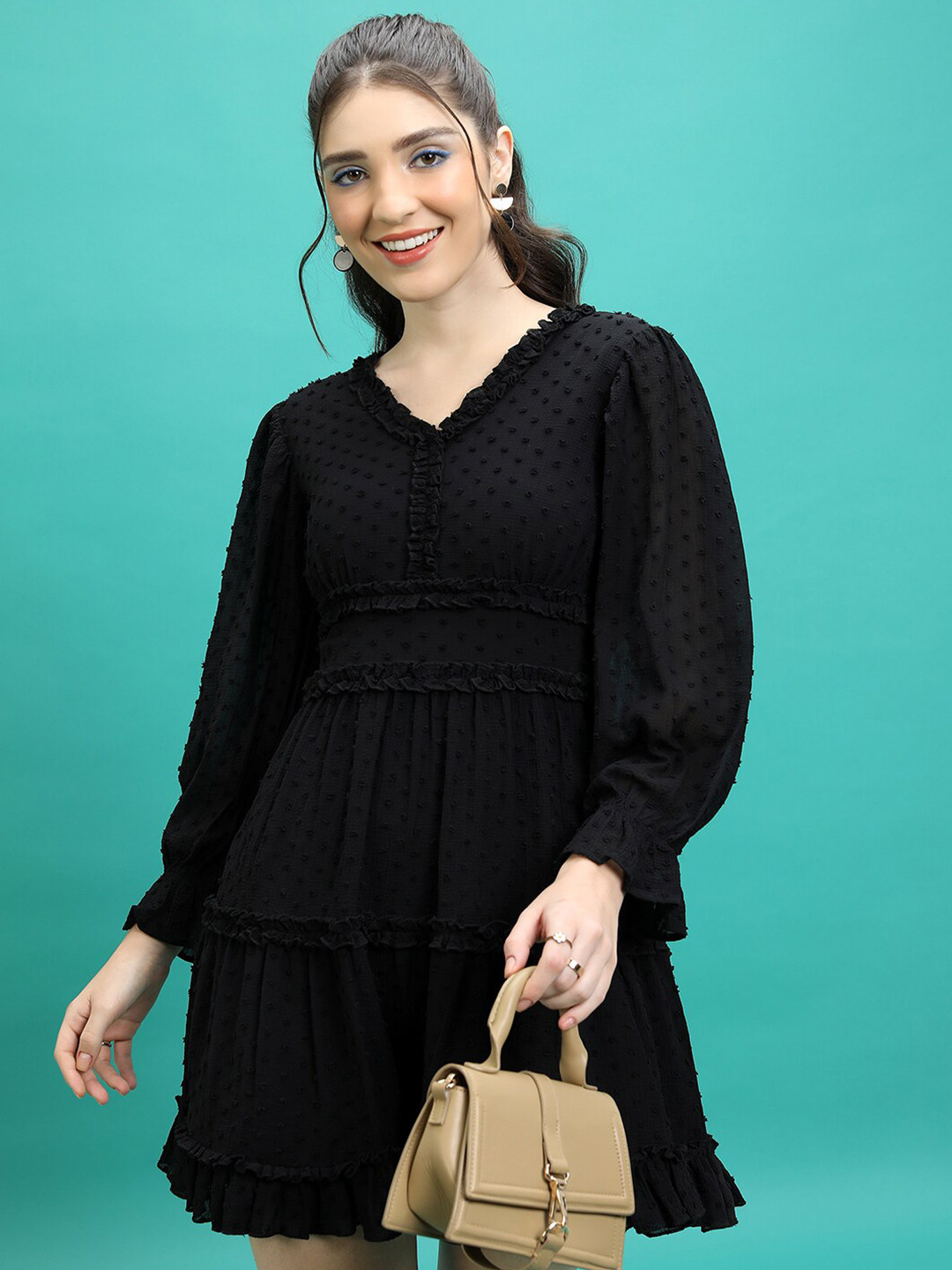 Tokyo Talkies Black Self Designed Ruffled Detailed V-Neck Puff Sleeves Fit & Flare Dress