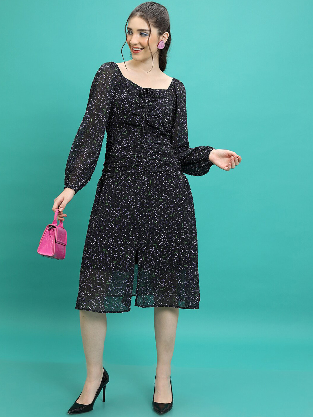 Tokyo Talkies Black Floral Printed Puff Sleeves Ruched A-Line Midi Dress
