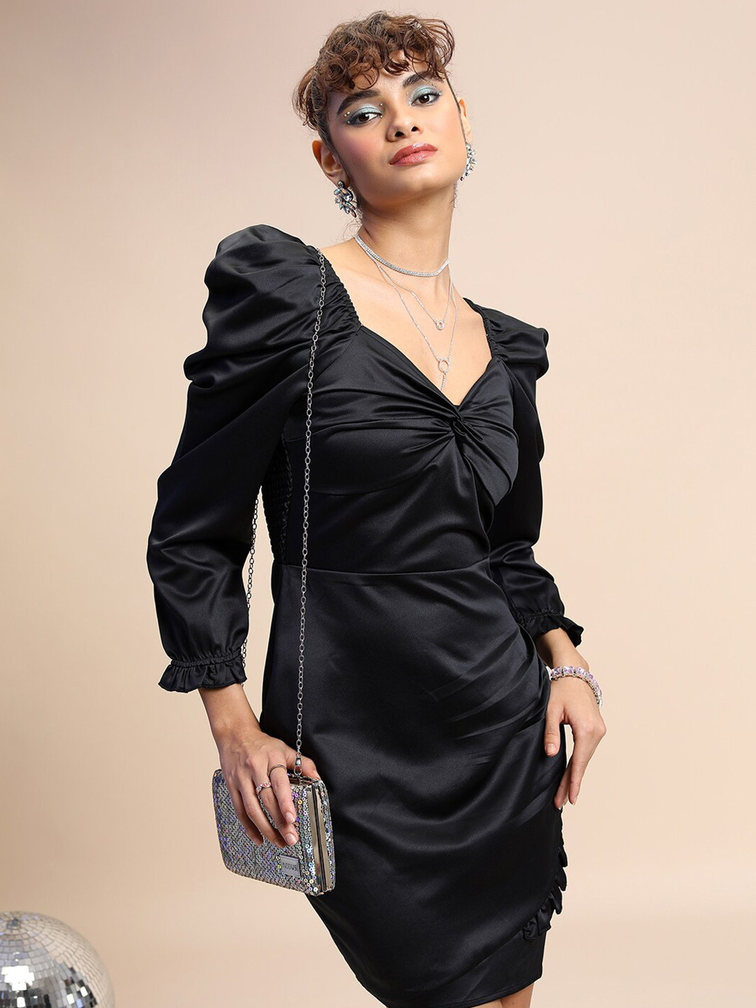 Tokyo Talkies Black Puff Sleeve Sheath Dress