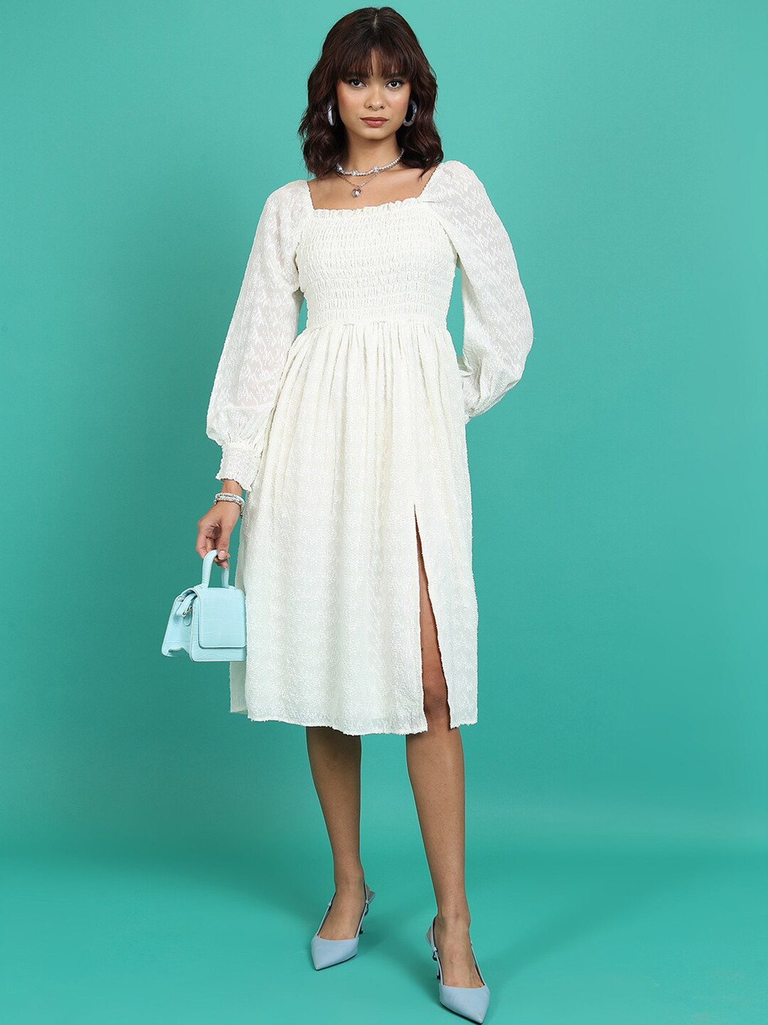 Tokyo Talkies Cream-Coloured Self Design Square Neck Smocked Fit & Flare Midi Dress
