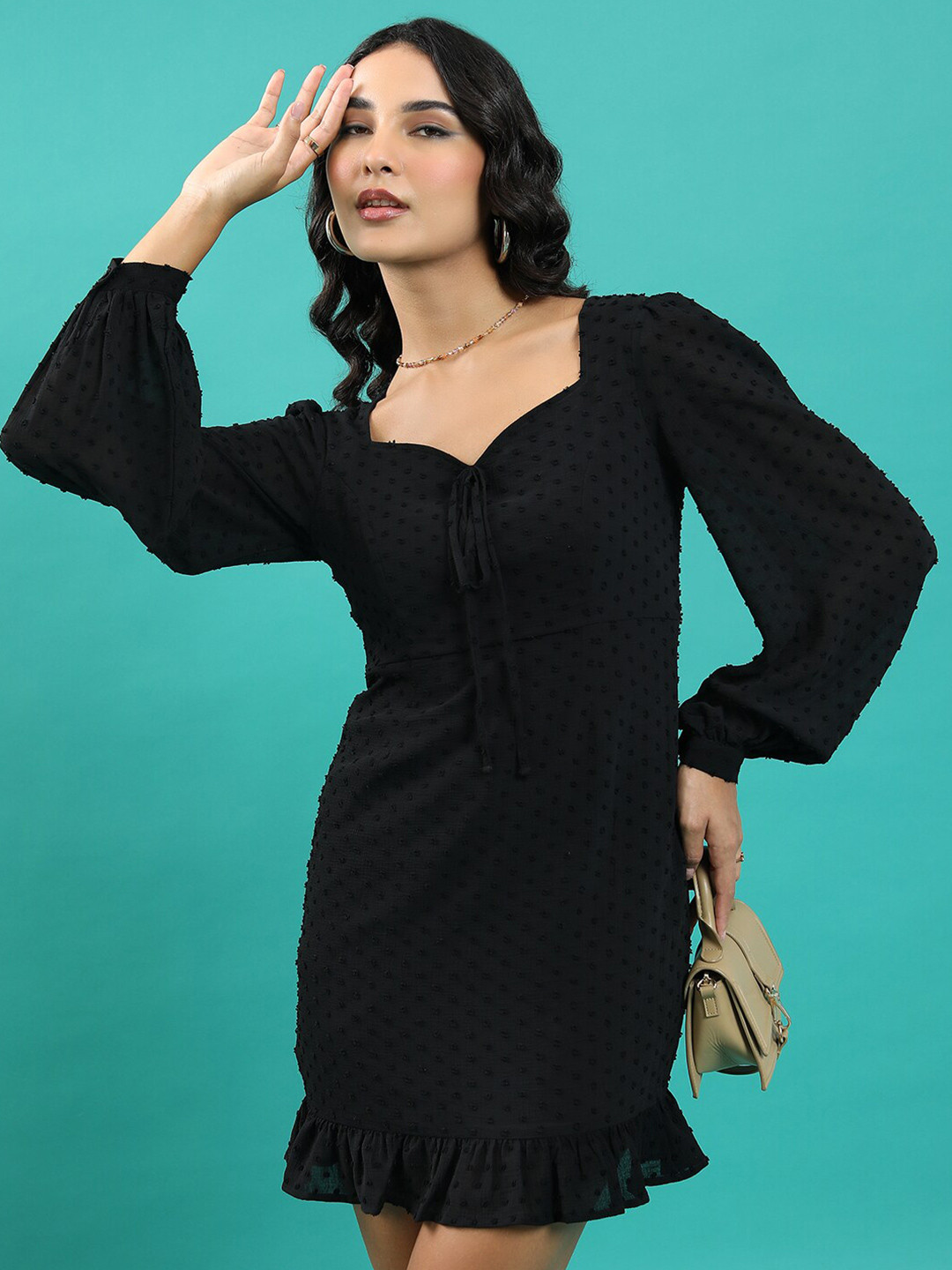 Tokyo Talkies Black Self Designed Sweetheart Neck Bishop Sleeves A-Line Mini Dress