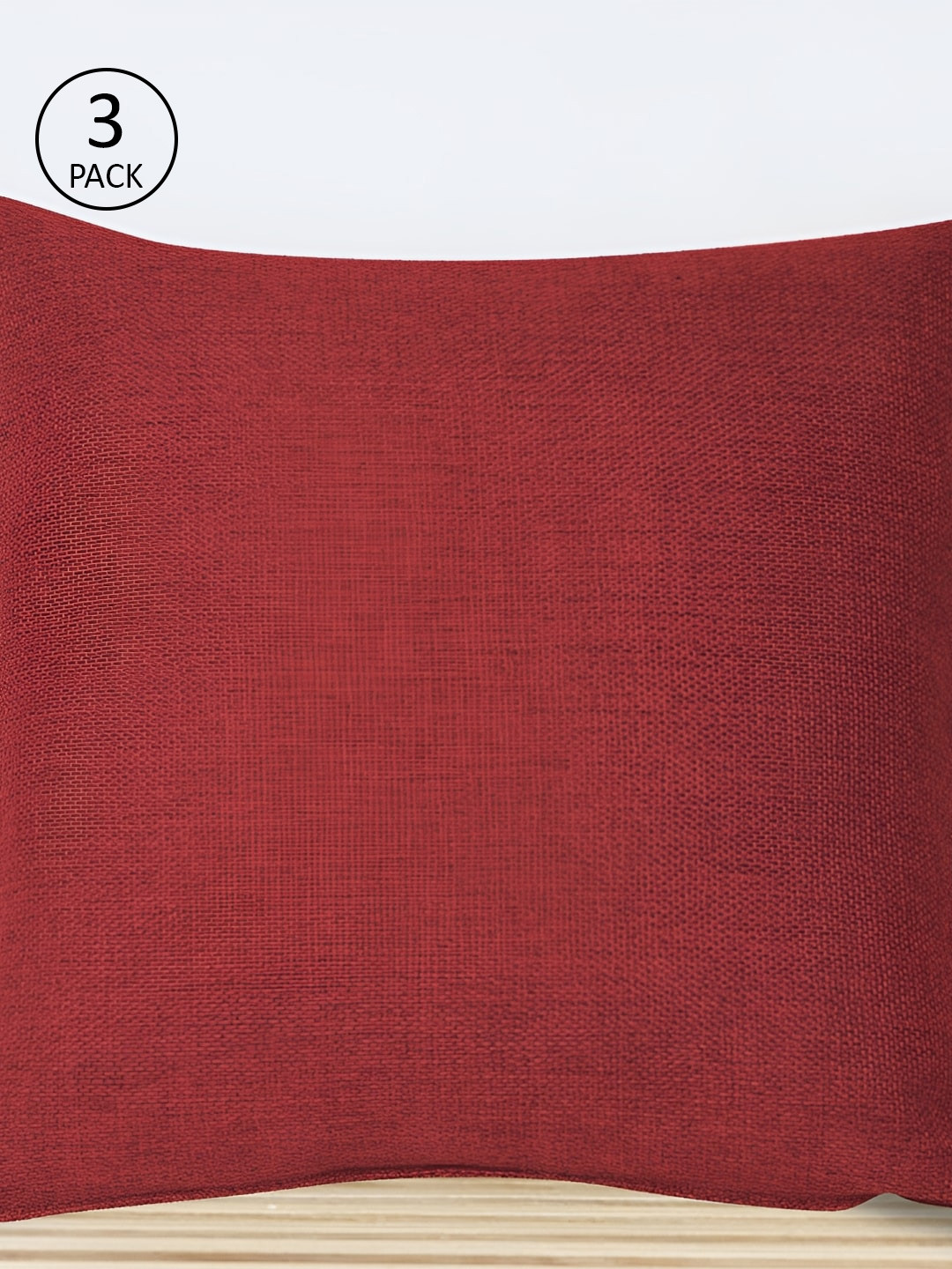 FABURAA Red Jute Durable 3 Piece Textured Square Cushion Covers - 18 x 18 Inches