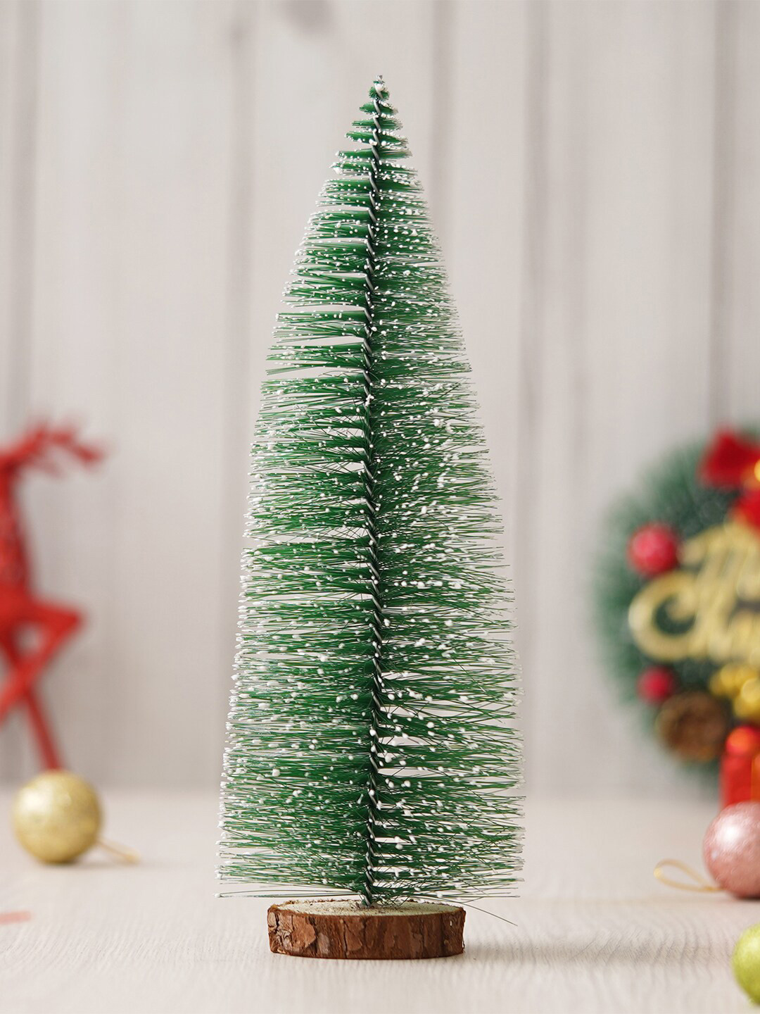 eCraftIndia Green & Brown Pine Frosted Bottle Brush Christmas Tree With Base