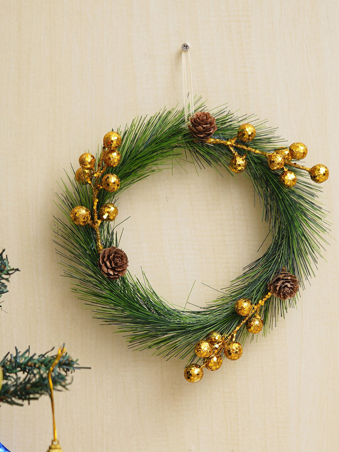 eCraftIndia Green & Brown Wreath With Gold Toned Balls and Flowers Decorative Ornaments