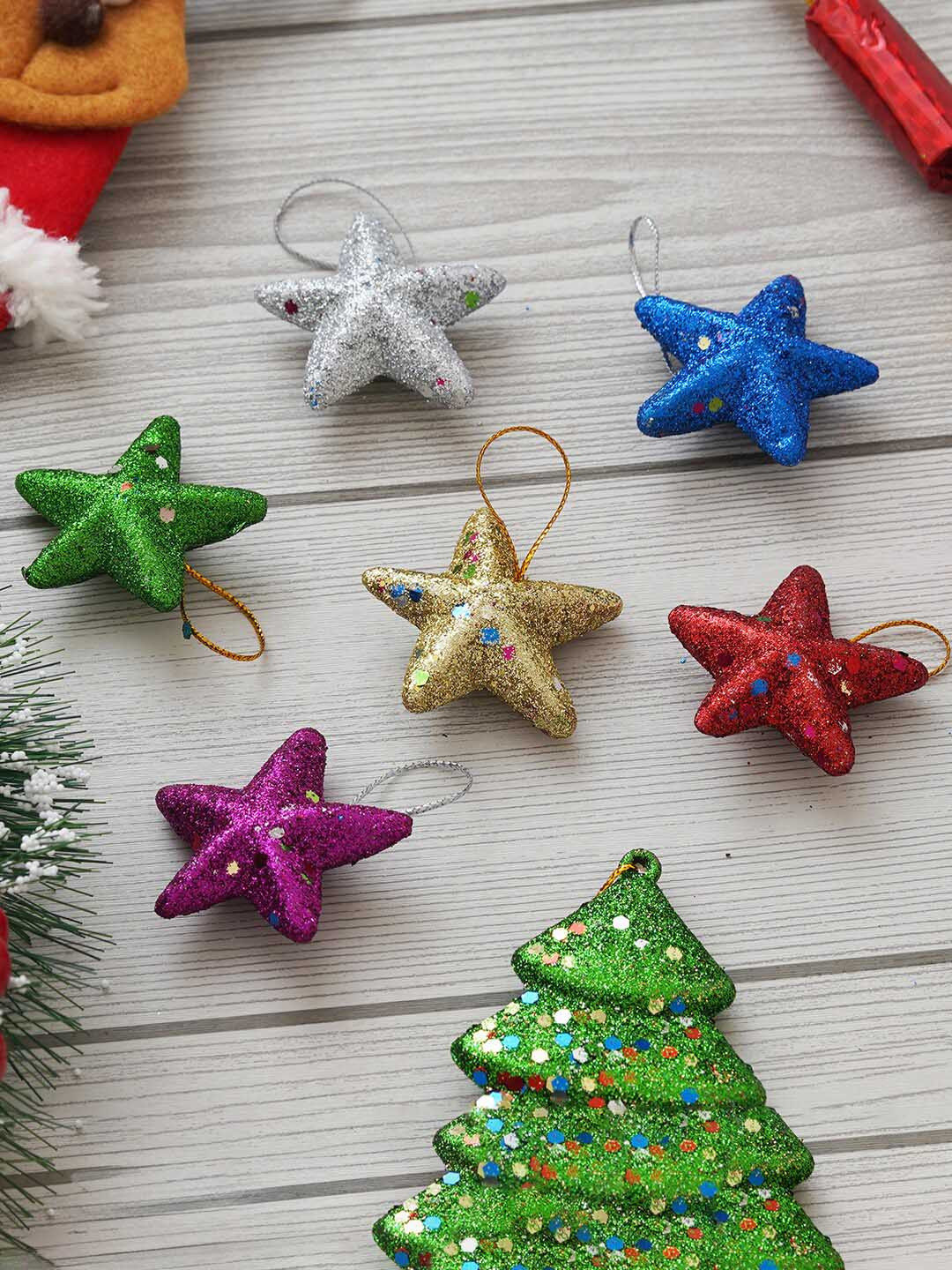 eCraftIndia Green & Red 6 Pieces Glittering Christmas Stars Tree Hanging Ornaments