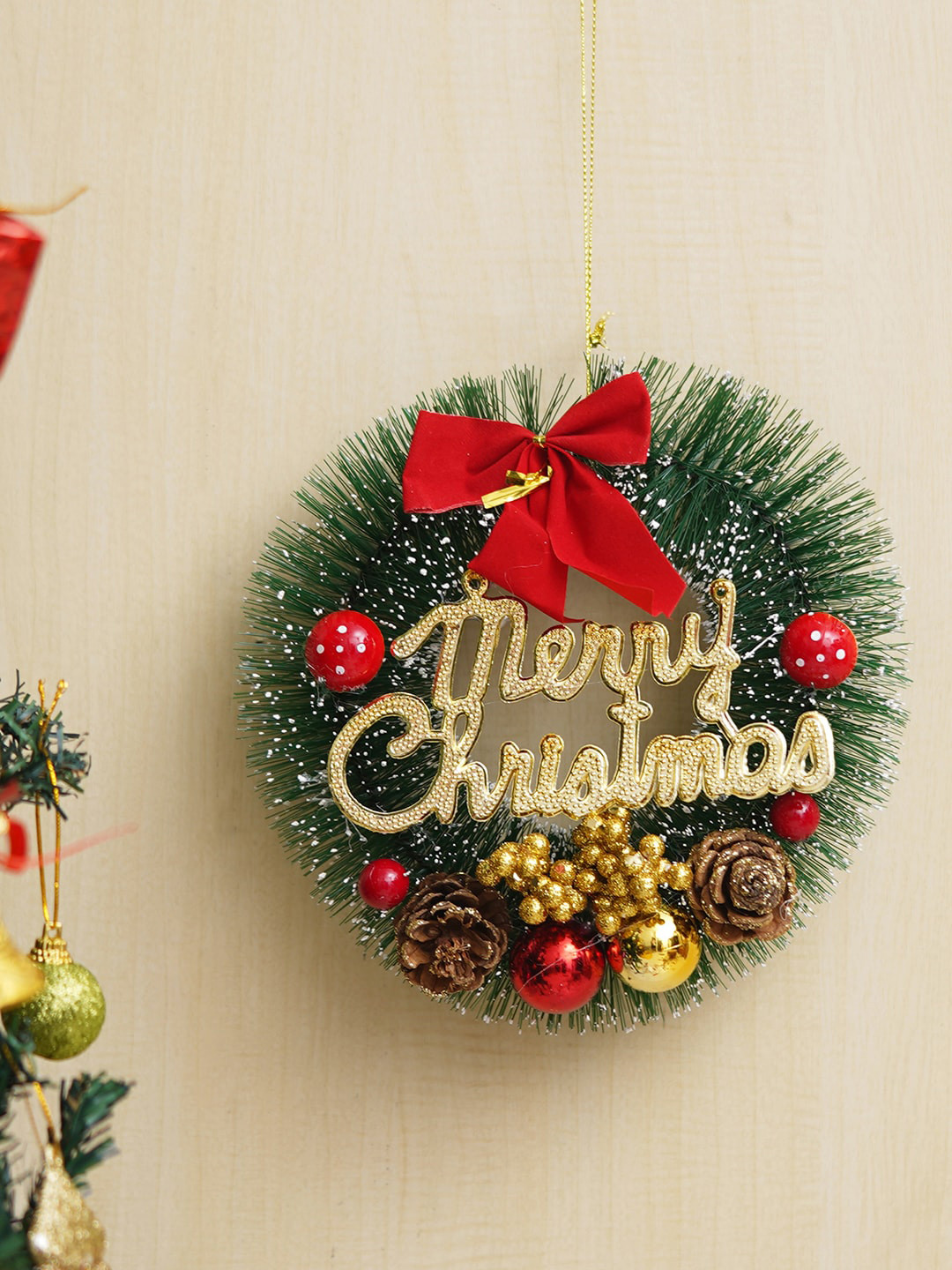 eCraftIndia Green & Red Merry Christmas Wreath With Berries Ball Flowers Ribbon Christmas