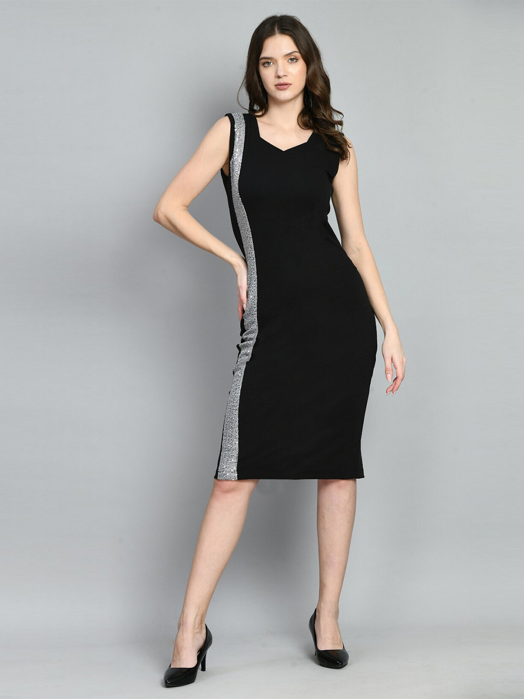 Black Embellished Sequined V-Neck Sheath Dress