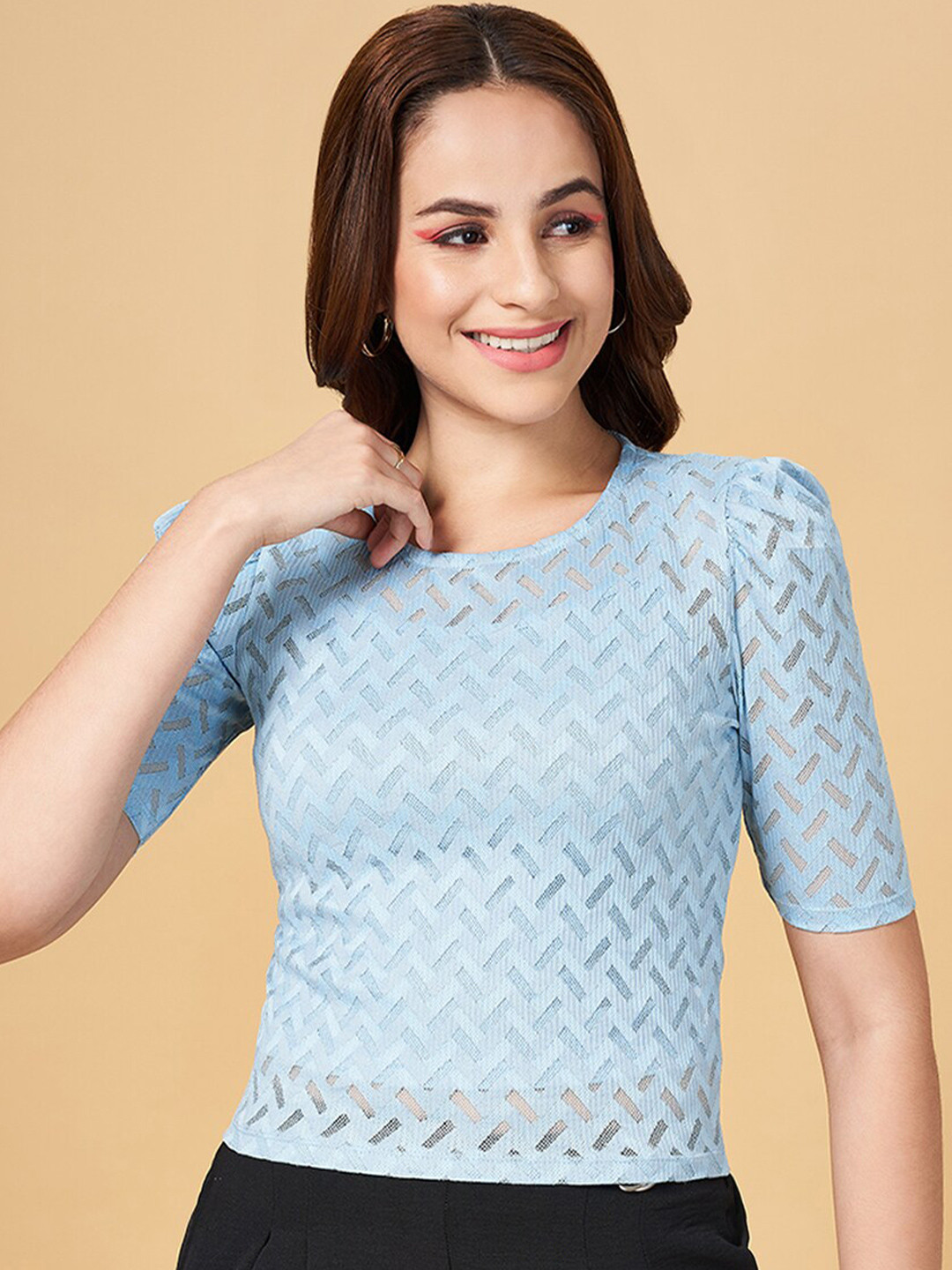 People Blue Self Design Semi Sheer Top