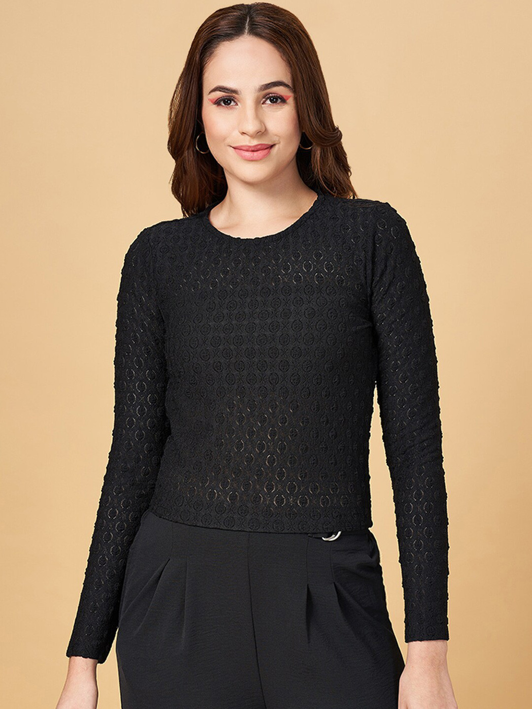 People Black Self Design Semi Sheer Top