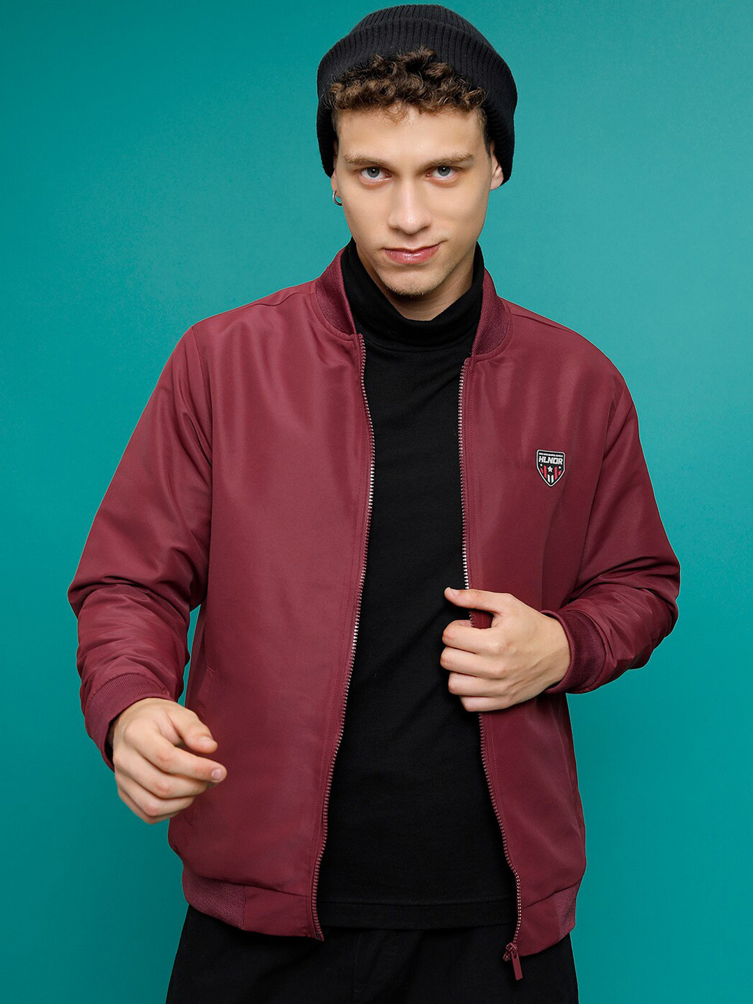 HIGHLANDER Maroon Mock Collar Bomber Jacket