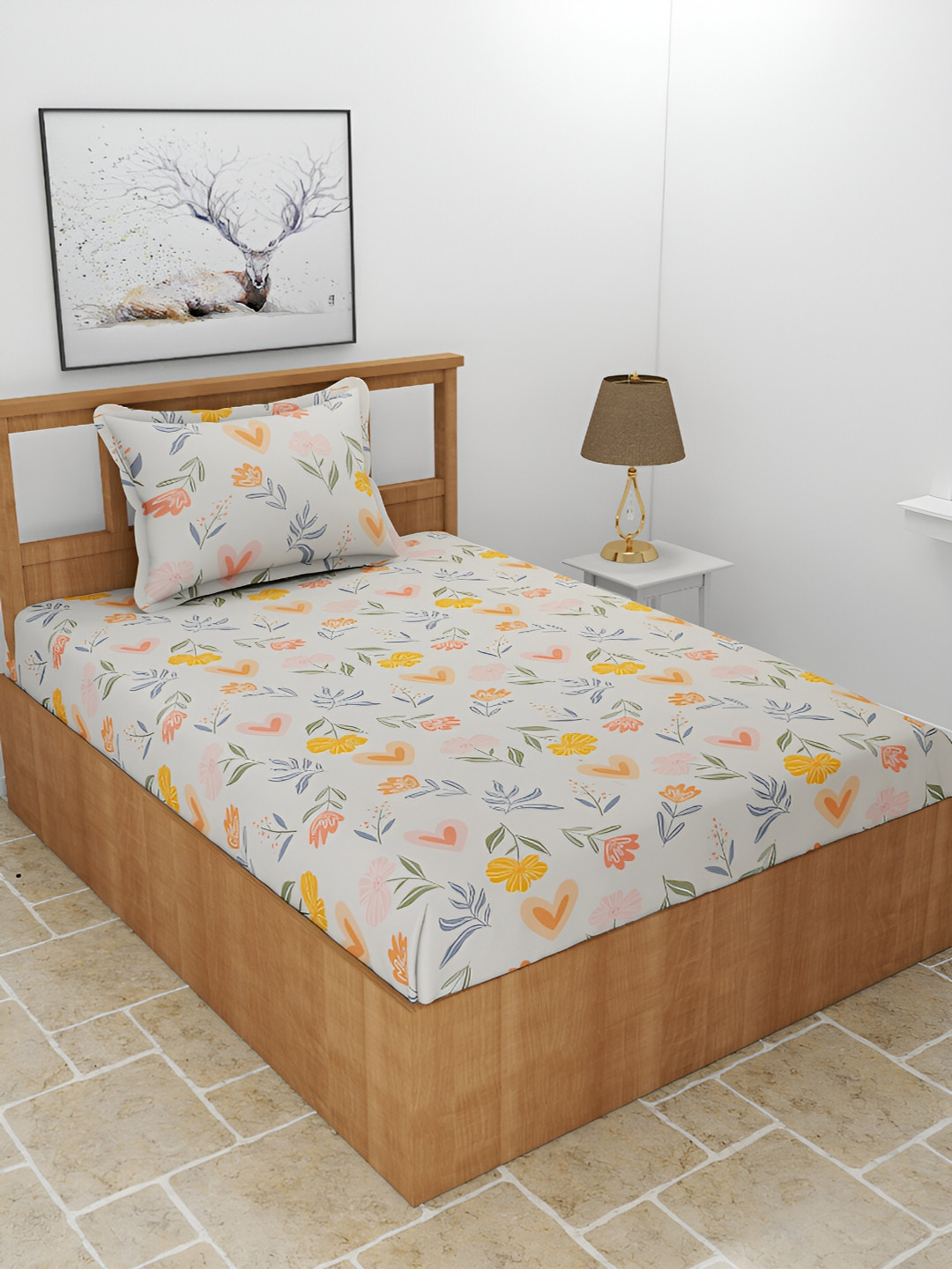 BREVARD Flat_Maple Off White Floral Polycotton 210 TC Single Superfine Bedsheet with a Pillow Cover-90 x 60 inches