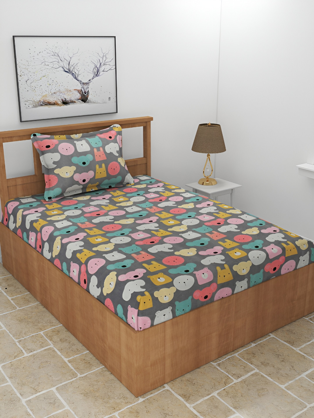 BREVARD Kidzania Grey Conversational Polycotton 210 TC Single Superfine Bedsheet with a Pillow Cover-90 x 60 inches