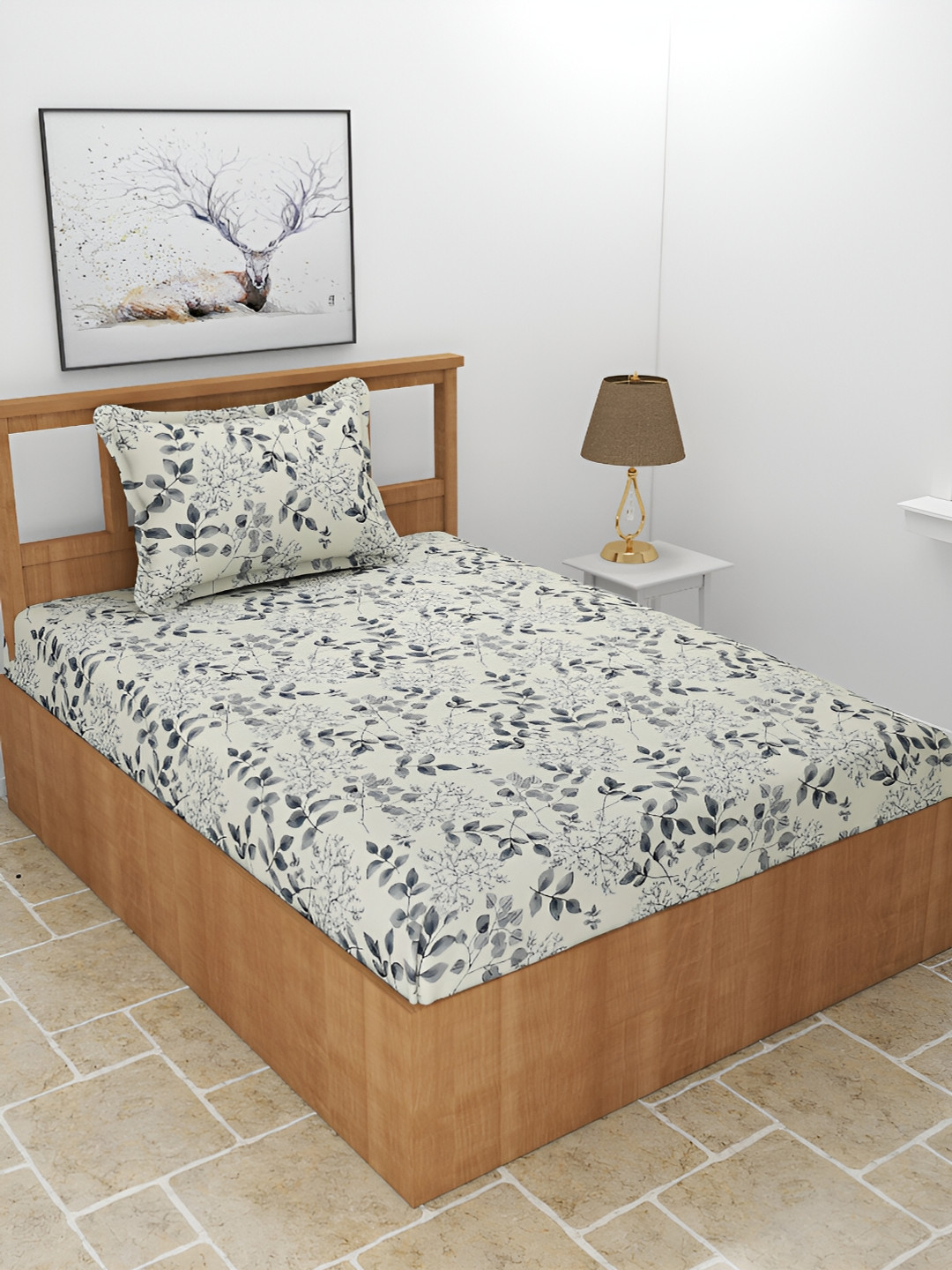 BREVARD Maple Cream Floral Polycotton 210 TC Single Fine Bedsheet with a Pillow Cover-90 x 60 inches