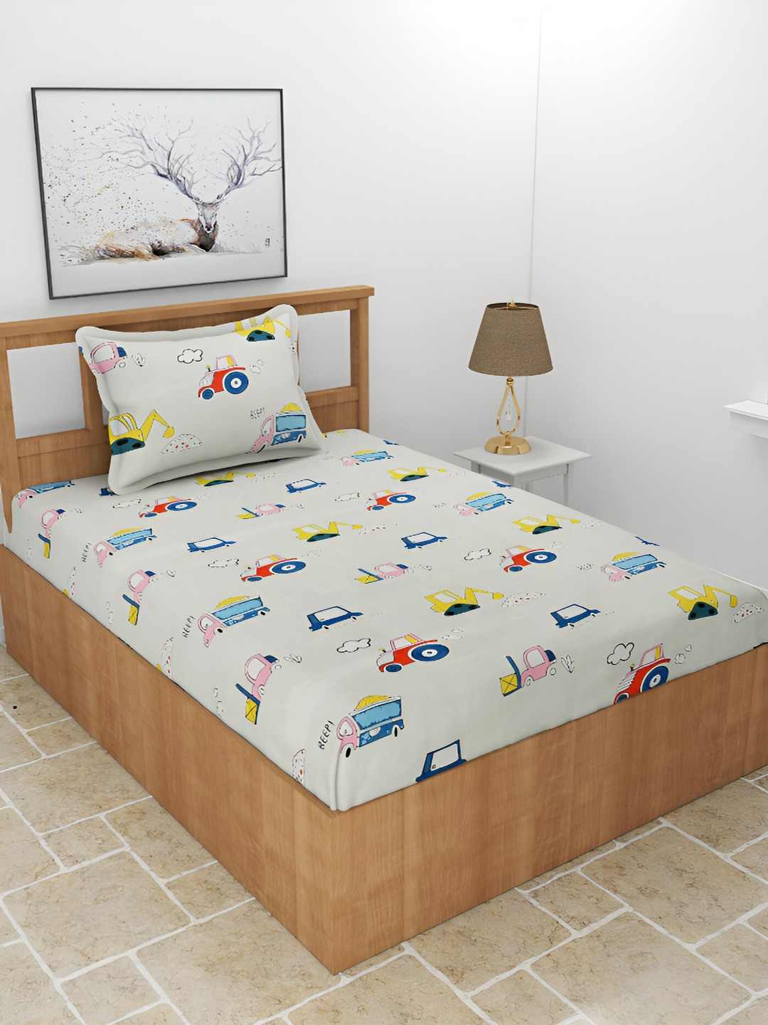 BREVARD Kidzania Off White Conversational Polycotton 210 TC Single Fine Bedsheet with a Pillow Cover-90 x 60 inches