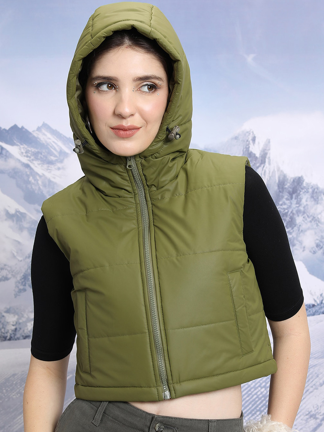 Tokyo Talkies Olive Green Hooded Cropped Padded Jacket