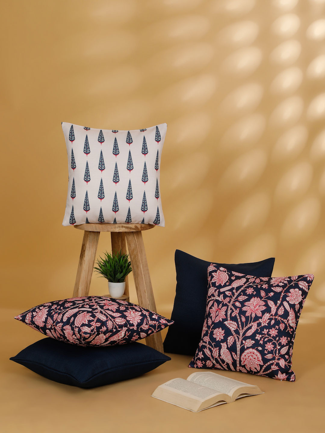 ROSARA HOME LIZA Navy Blue & White 5 Pieces Ethnic Motif Printed Square Cushion Covers