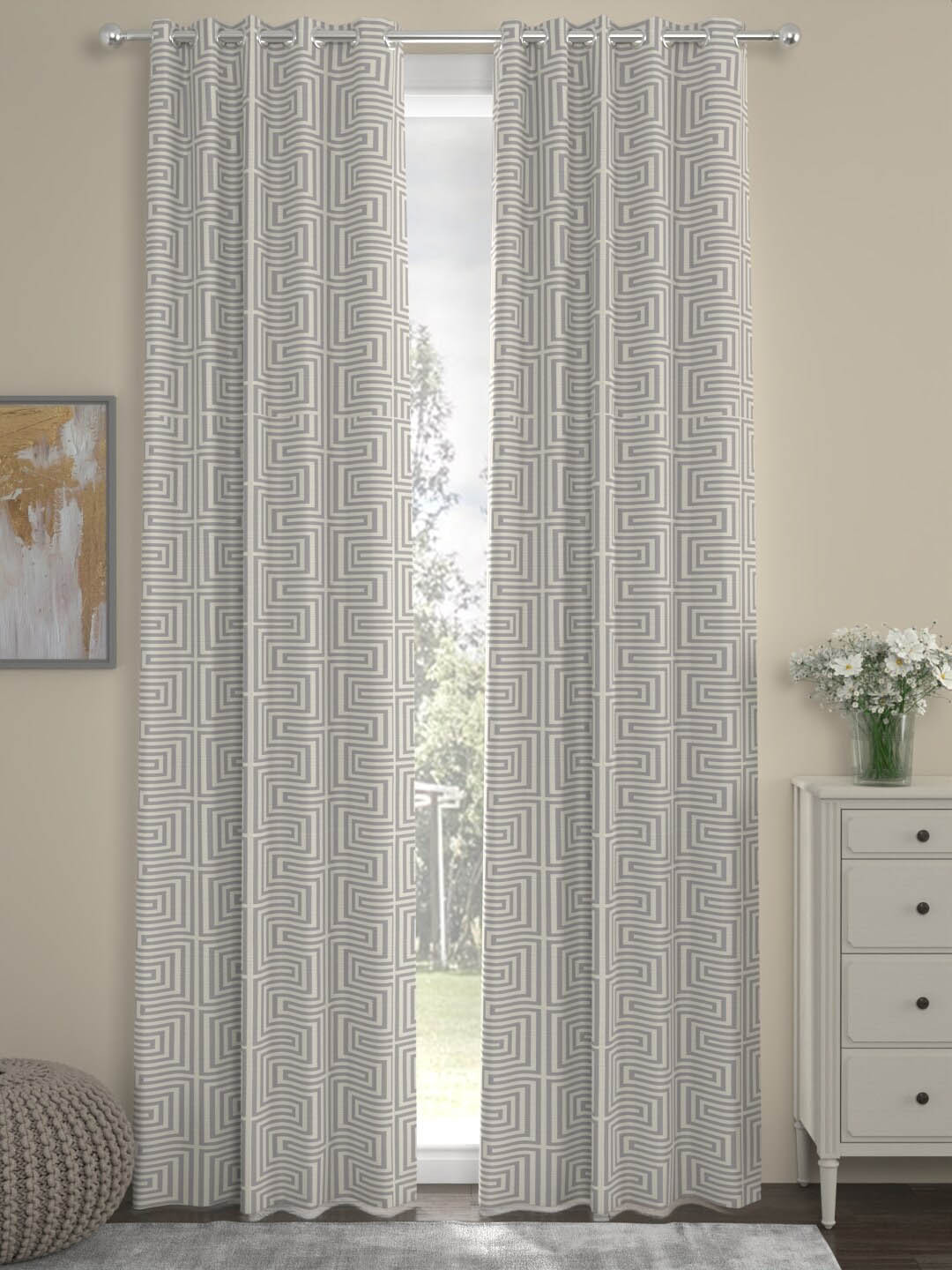 ROSARA HOME Grey Geometric 2 Pieces Eyelets Door Curtains