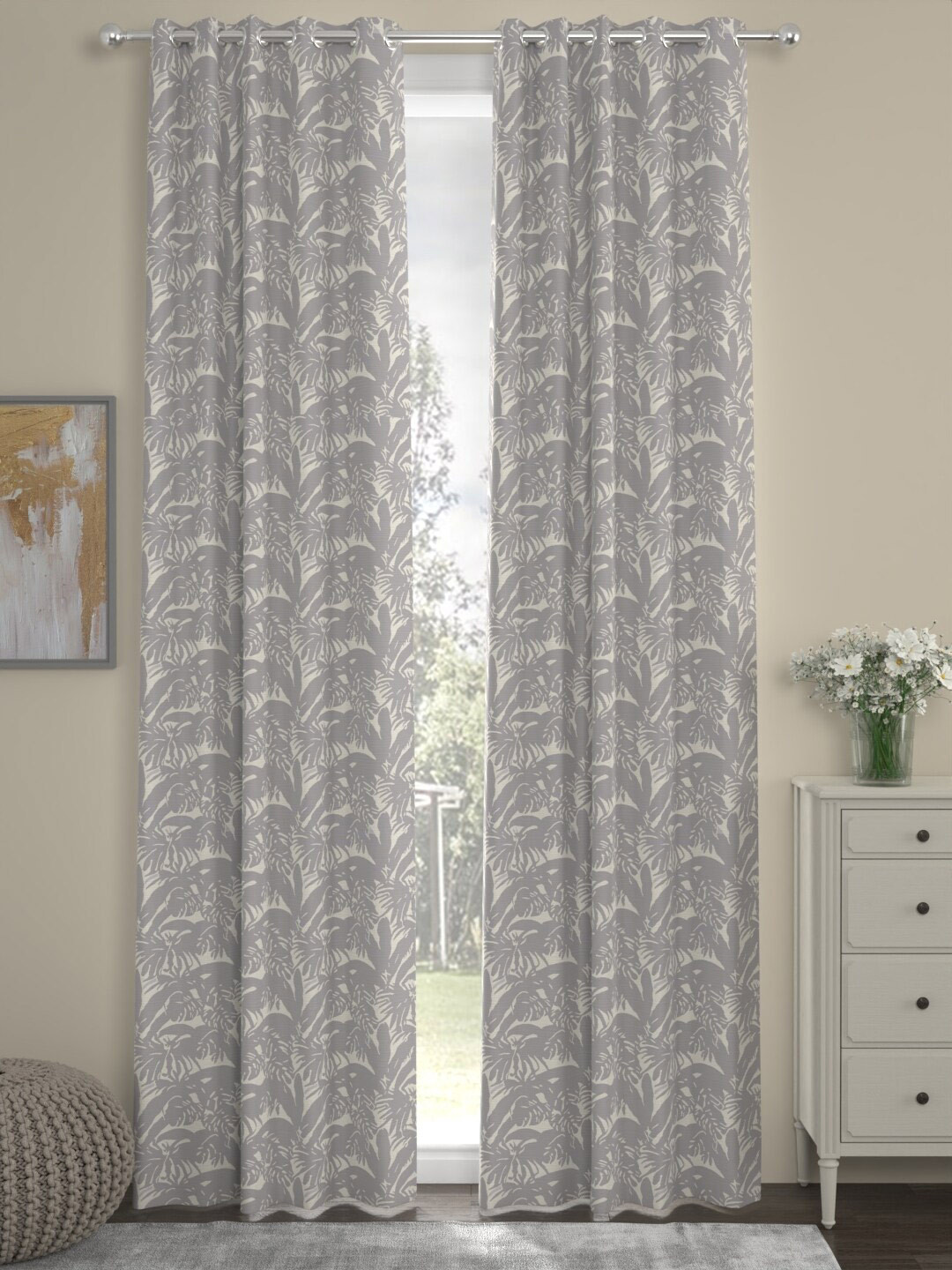ROSARA HOME Neel Grey & White 2 Pcs Floral Regular Long Door Curtain