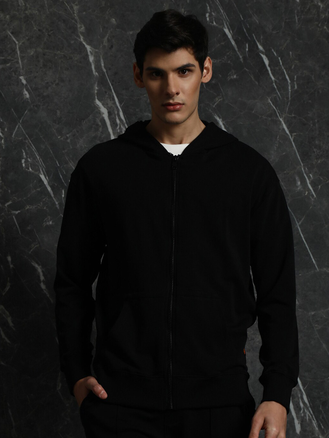 Breakbounce Black Relaxed Fit Front Open Cotton Hooded Sweatshirt
