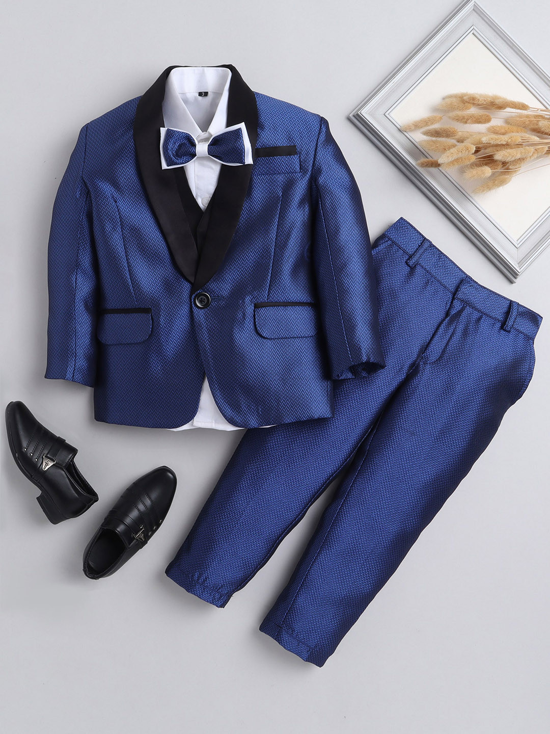 BAESD Boys Self Design Silk Cotton Tuxedo 4-Pieces Suit