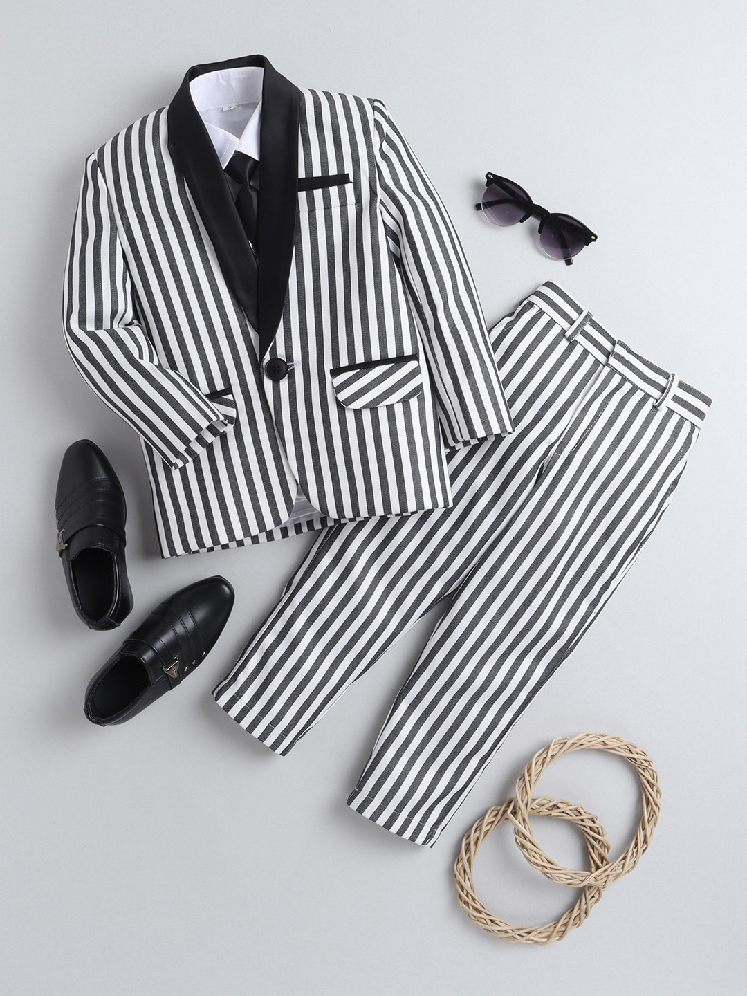 BAESD Boys Striped Silk Cotton Tuxedo 4-Pieces Suit