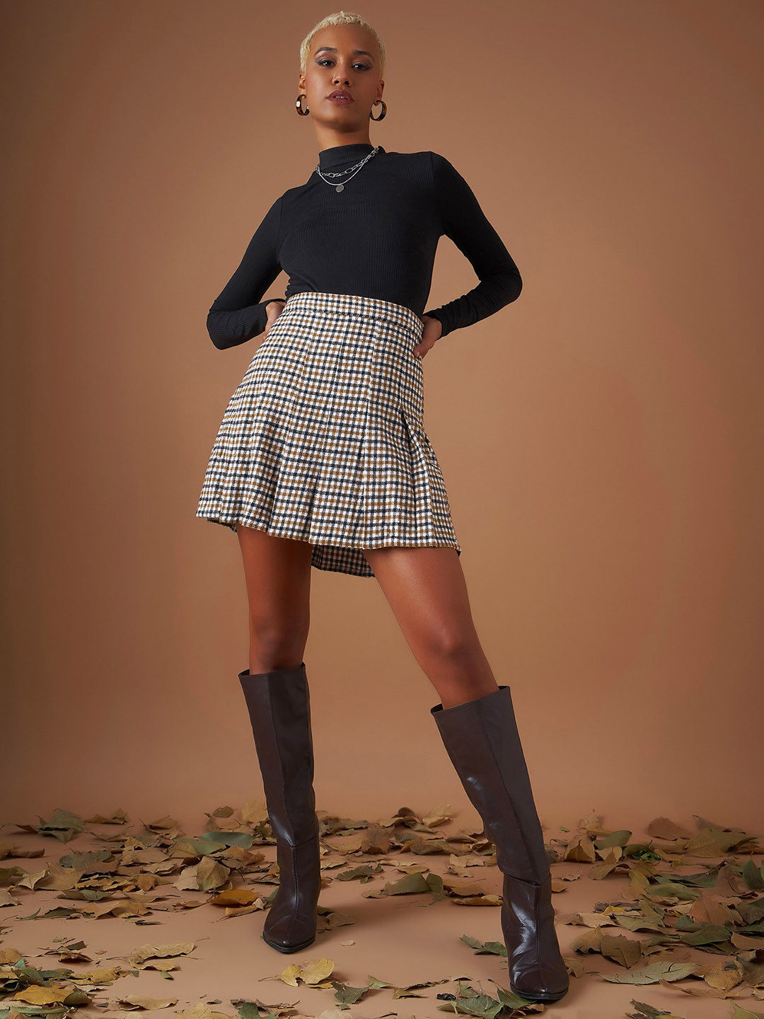 SASSAFRAS Brown & White Checked Pleated Pure Cotton A-Line Mini Skirt