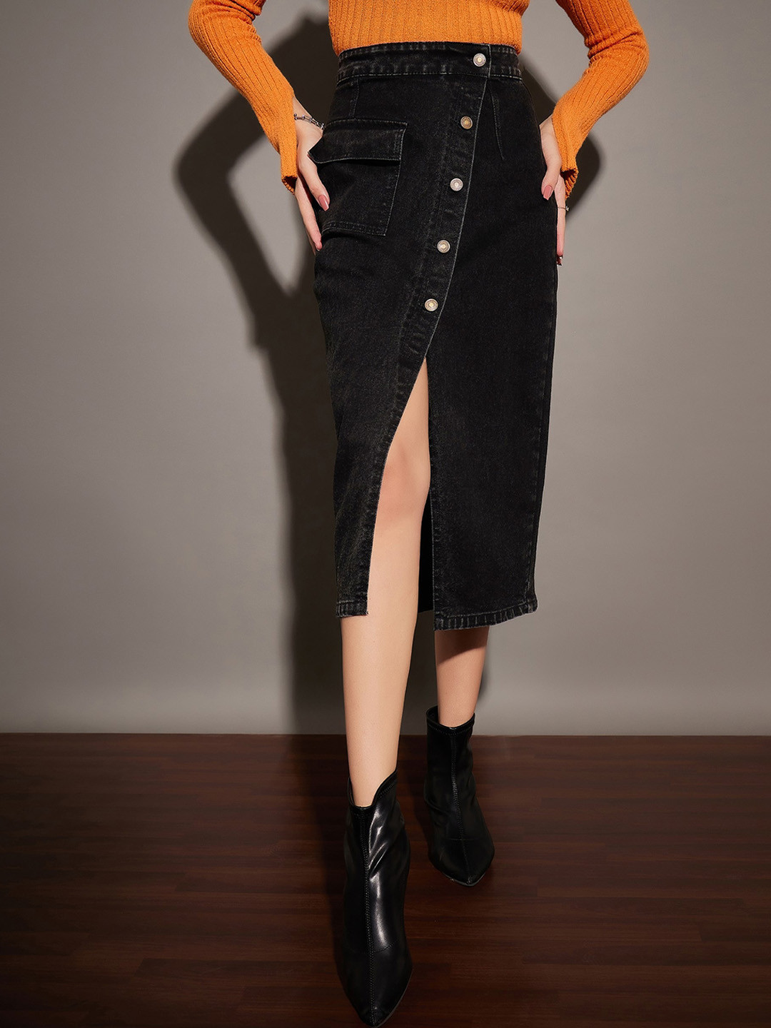 SASSAFRAS Black Front Slit Denim Wrap Midi Skirt
