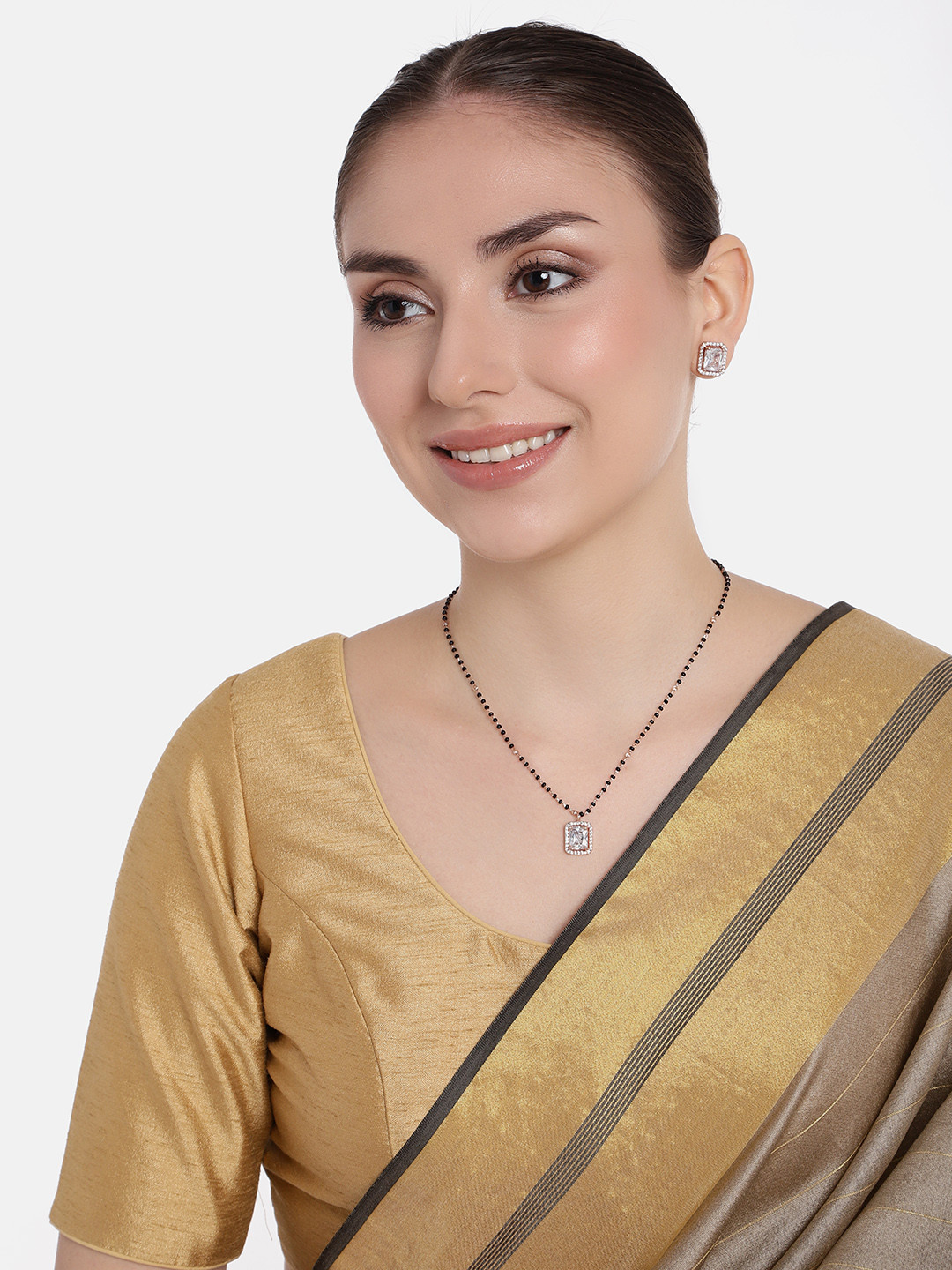 Estele Rose Gold-Plated Cubic Zirconia-Studded & Beaded Mangalasutra With Earrings