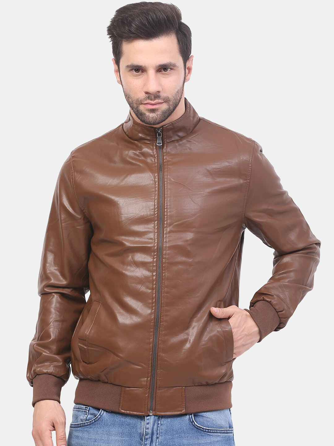 Mast & Harbour Tan Stand Collar Bomber Jacket
