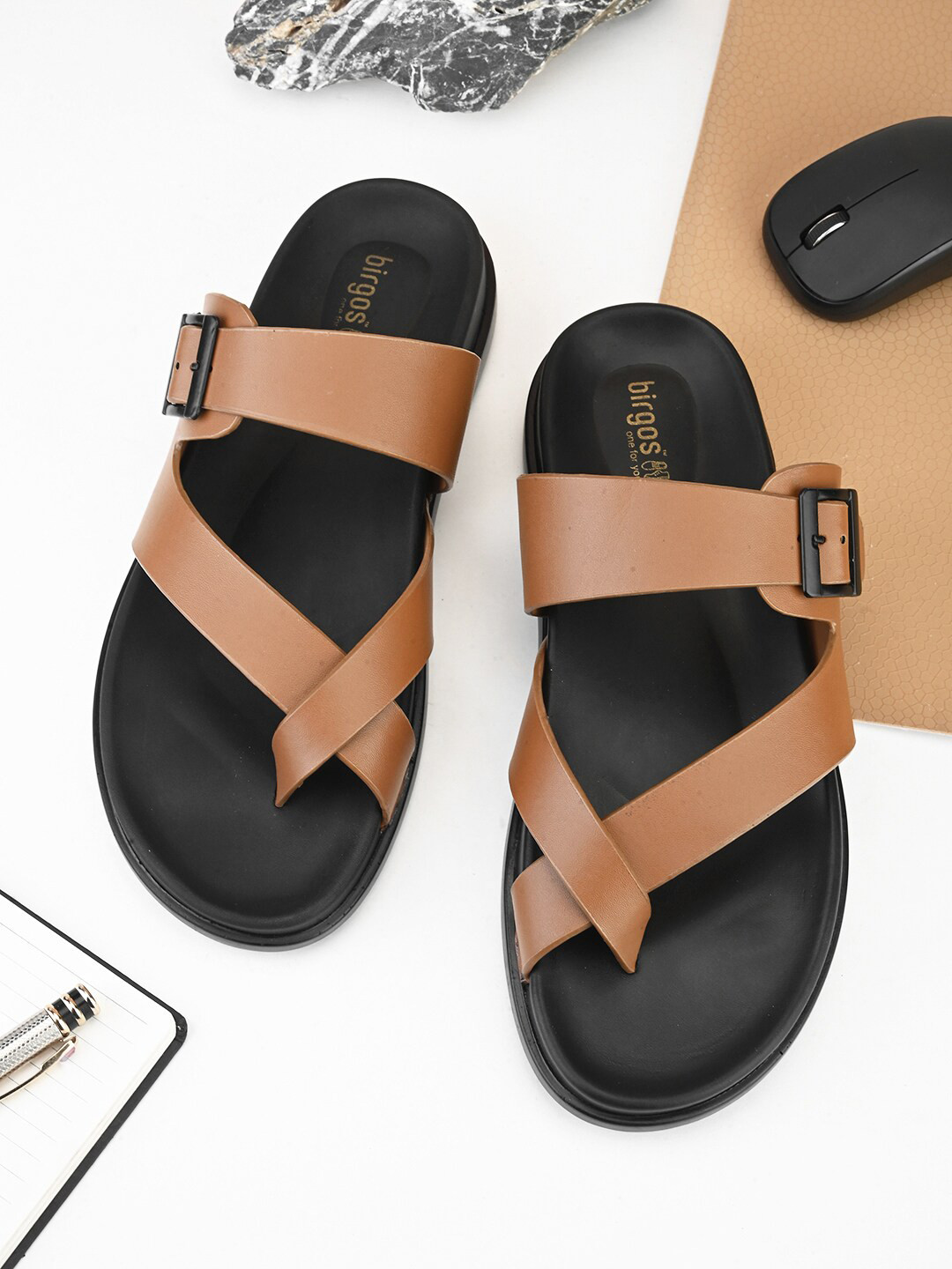 birgos Men One Toe Comfort Sandals With Buckle Detail