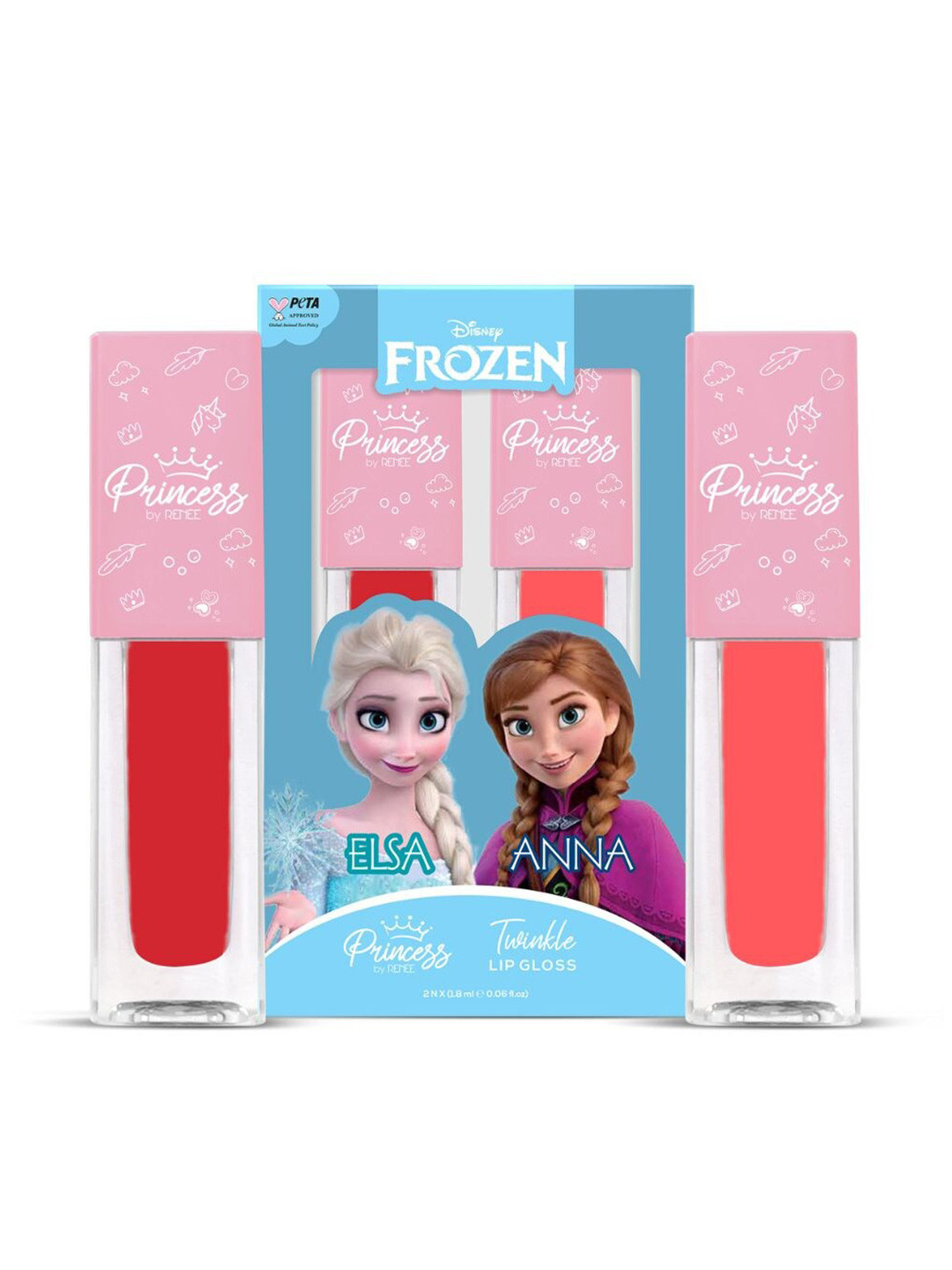 Renee Set of 2 Princess Disney Frozen Twinkle Lip Gloss 1.8ml Each - Anna Red & Elsa Pink