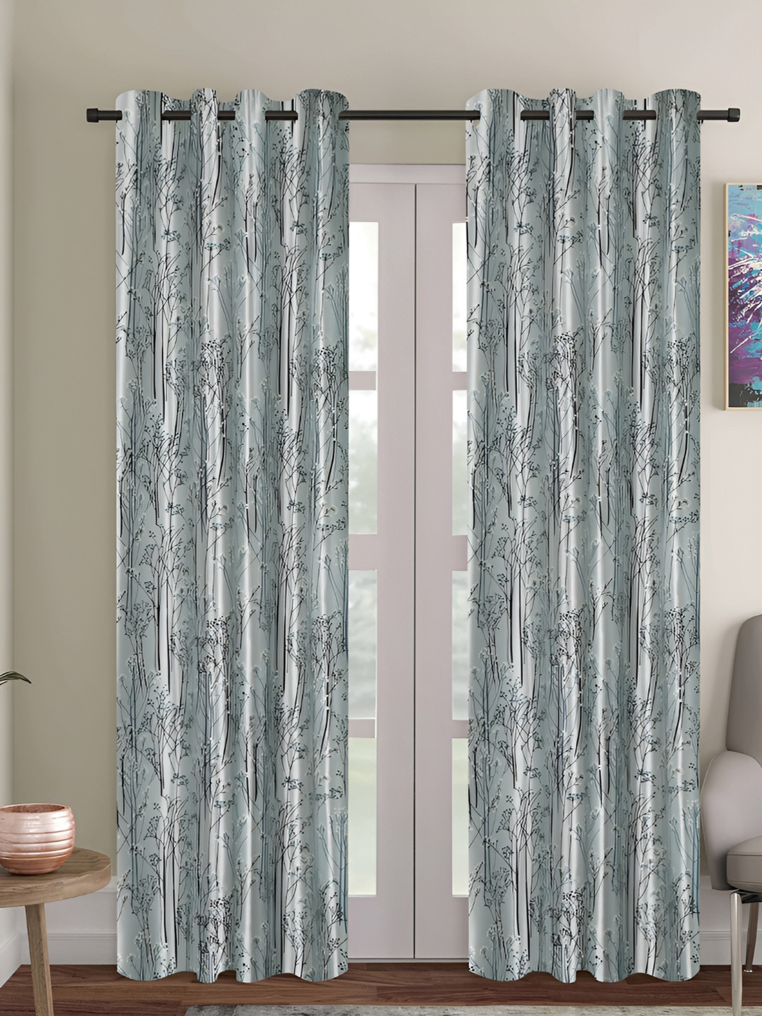 ERIC LONDON Baby Blue & Black 2 Pieces Floral Room Darkening Long Door Curtains